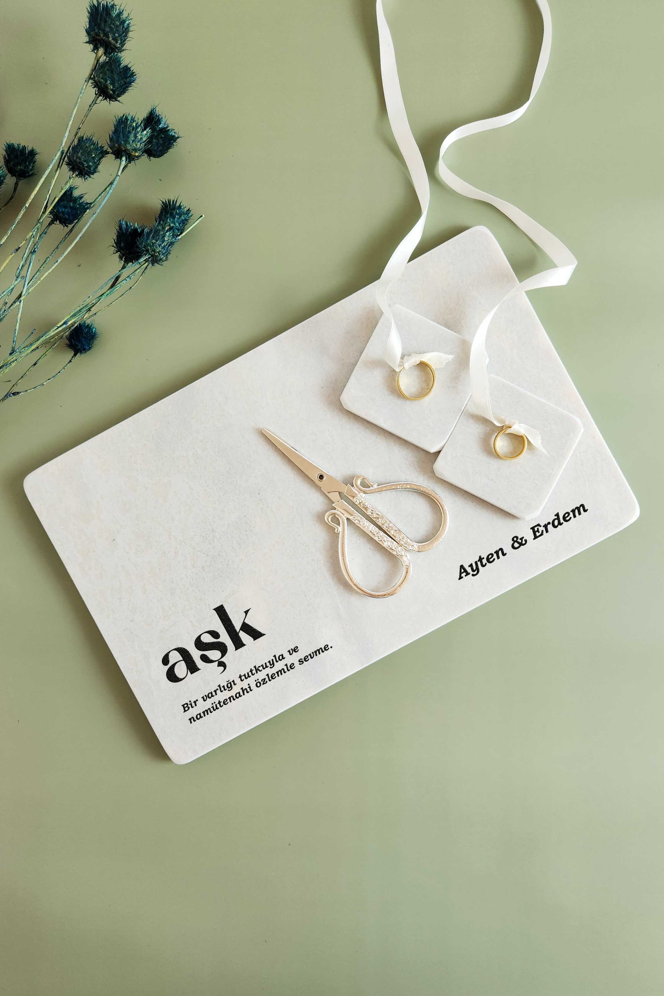 AŞK - Gerçek İnce Mermer Söz/nişan Tepsisi (32X20 CM) + Makas + 2 Adet Yüzüklük - Gümüş