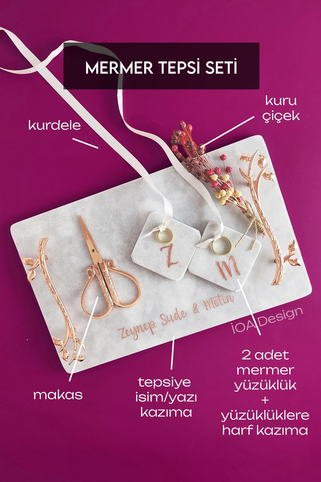 AKASYA Aksesuarlı SET - Mermer Söz & Nişan Tepsisi - Rose Kulplu