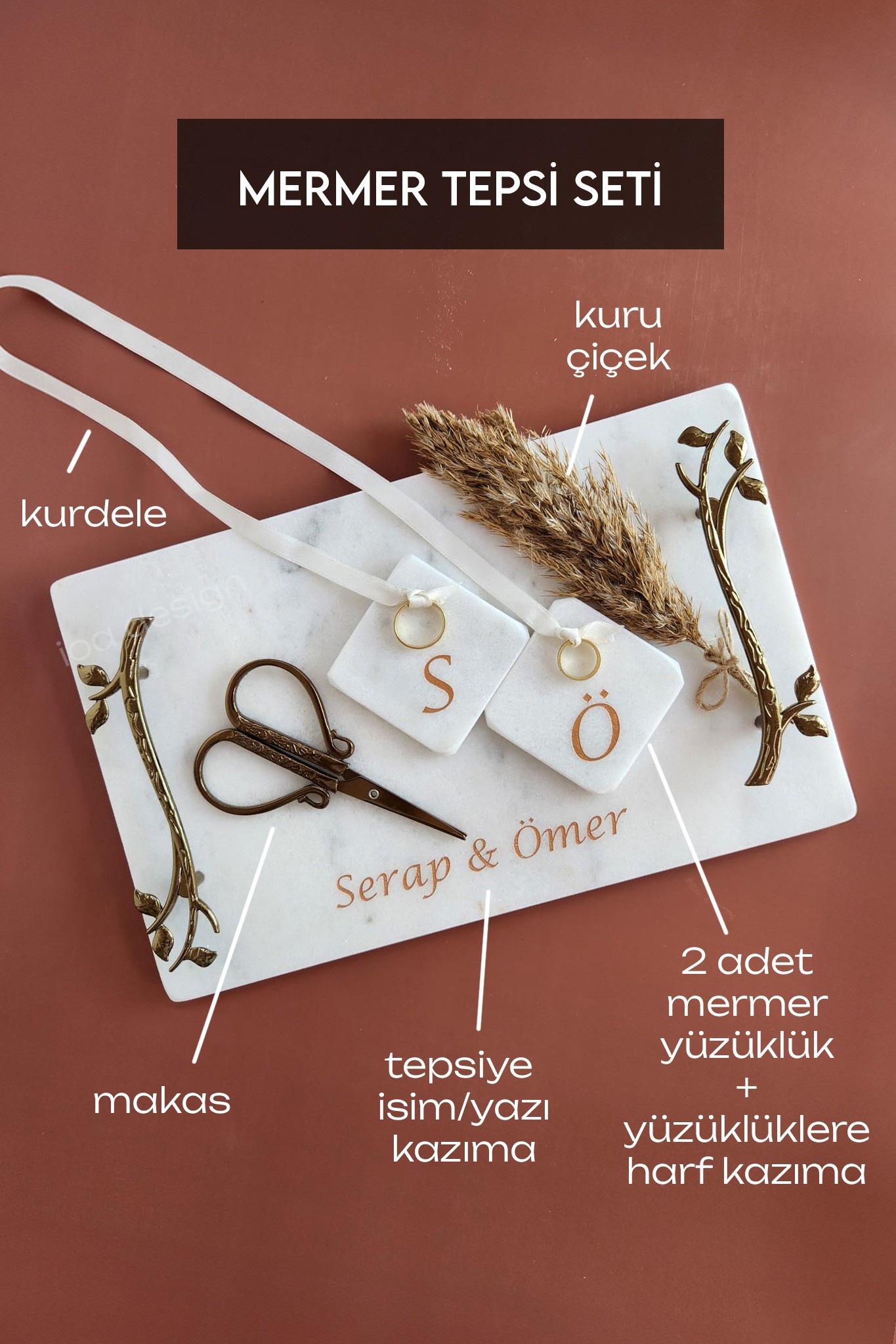 AKASYA Aksesuarlı SET - Mermer Söz & Nişan Tepsisi - Bronz Kulplu