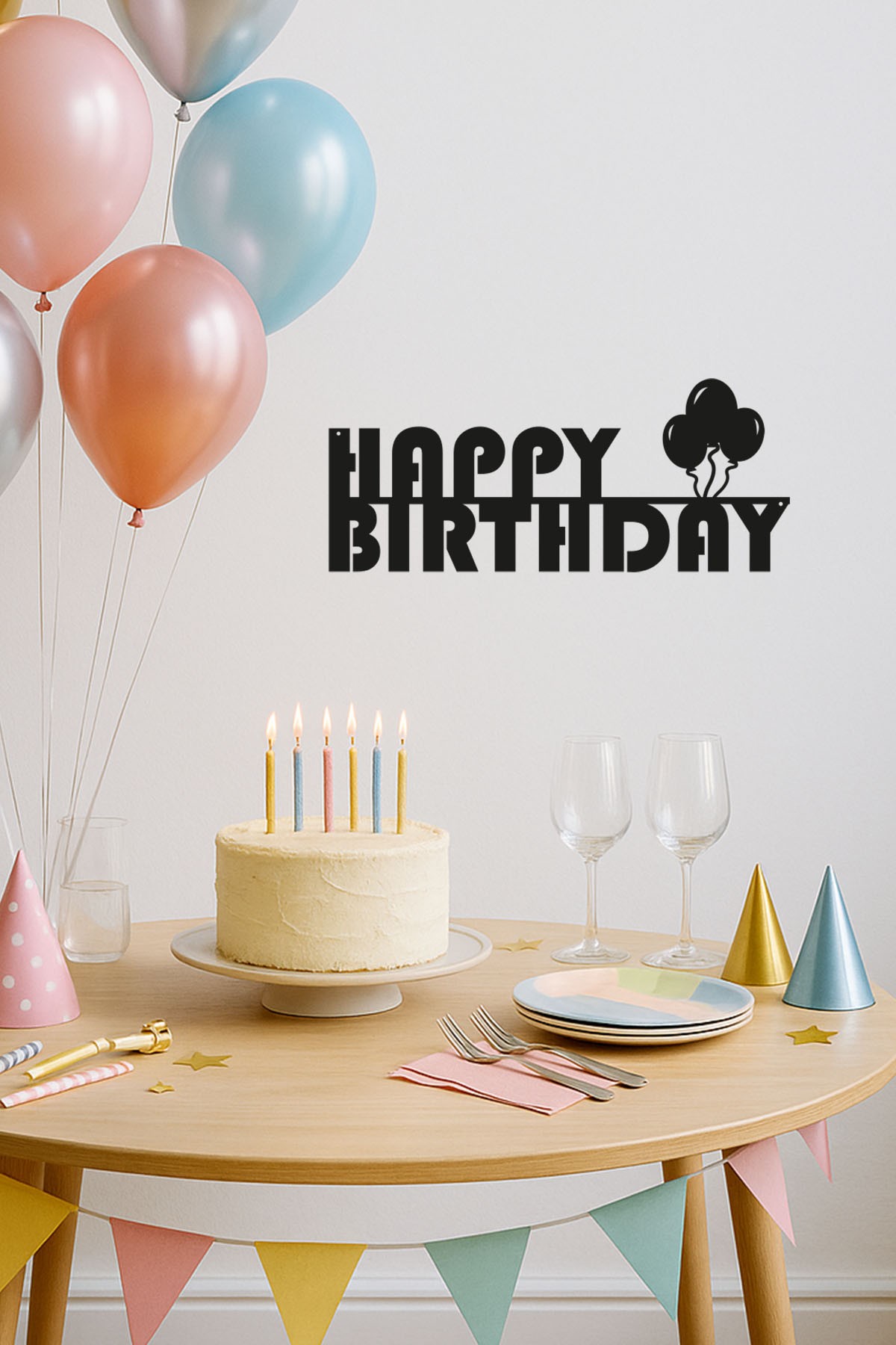 Happy Birthday (Balonlu)- Ahşap Dekoratif Duvar Yazısı - Doğumgünü / Organizasyon