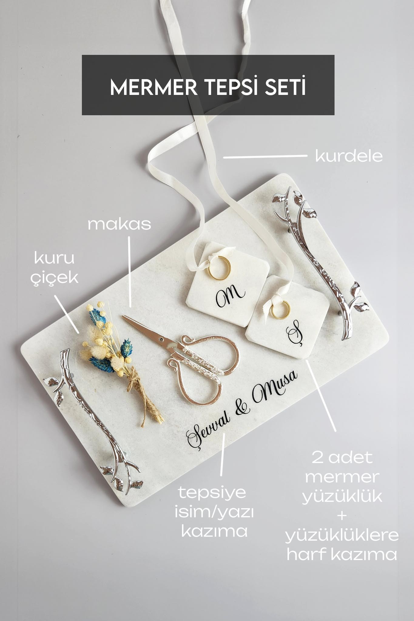 AKASYA Aksesuarlı SET - Mermer Söz & Nişan Tepsisi - Gümüş Kulplu