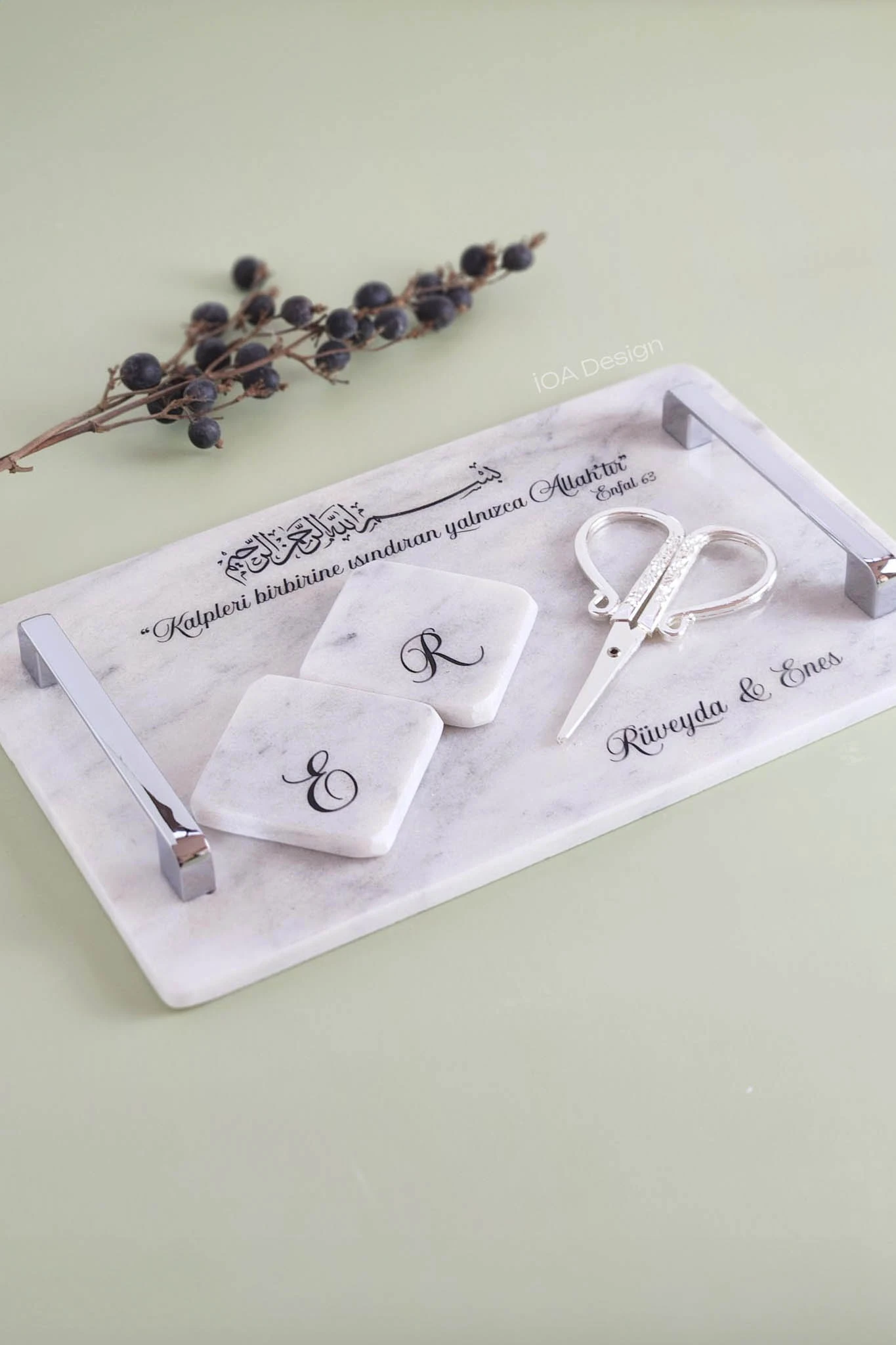 ENFAL - Mermer Söz & Nişan Tepsisi - Mat Gümüş Düz Kulplu