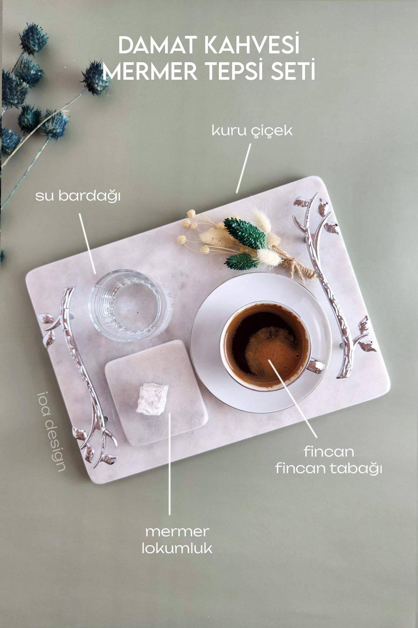  Akasya Mermer Damat Kahvesi Tepsi Seti - Fincan Setli - Gümüş Kulplu