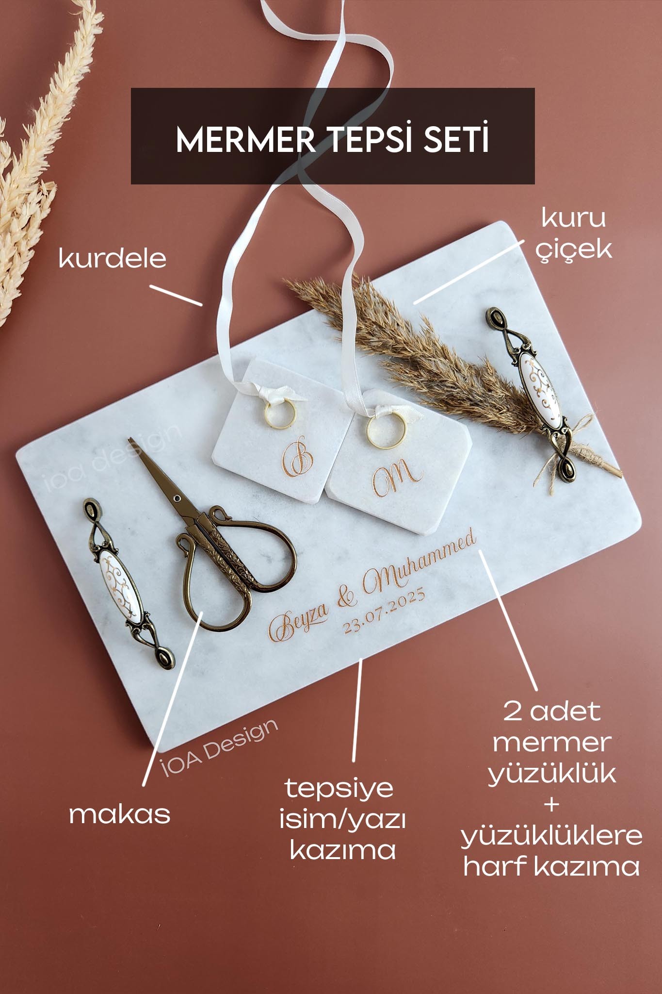 YASEMİN Aksesuarlı SET - Mermer Söz & Nişan Tepsisi - Beyaz Porselen Kulplu