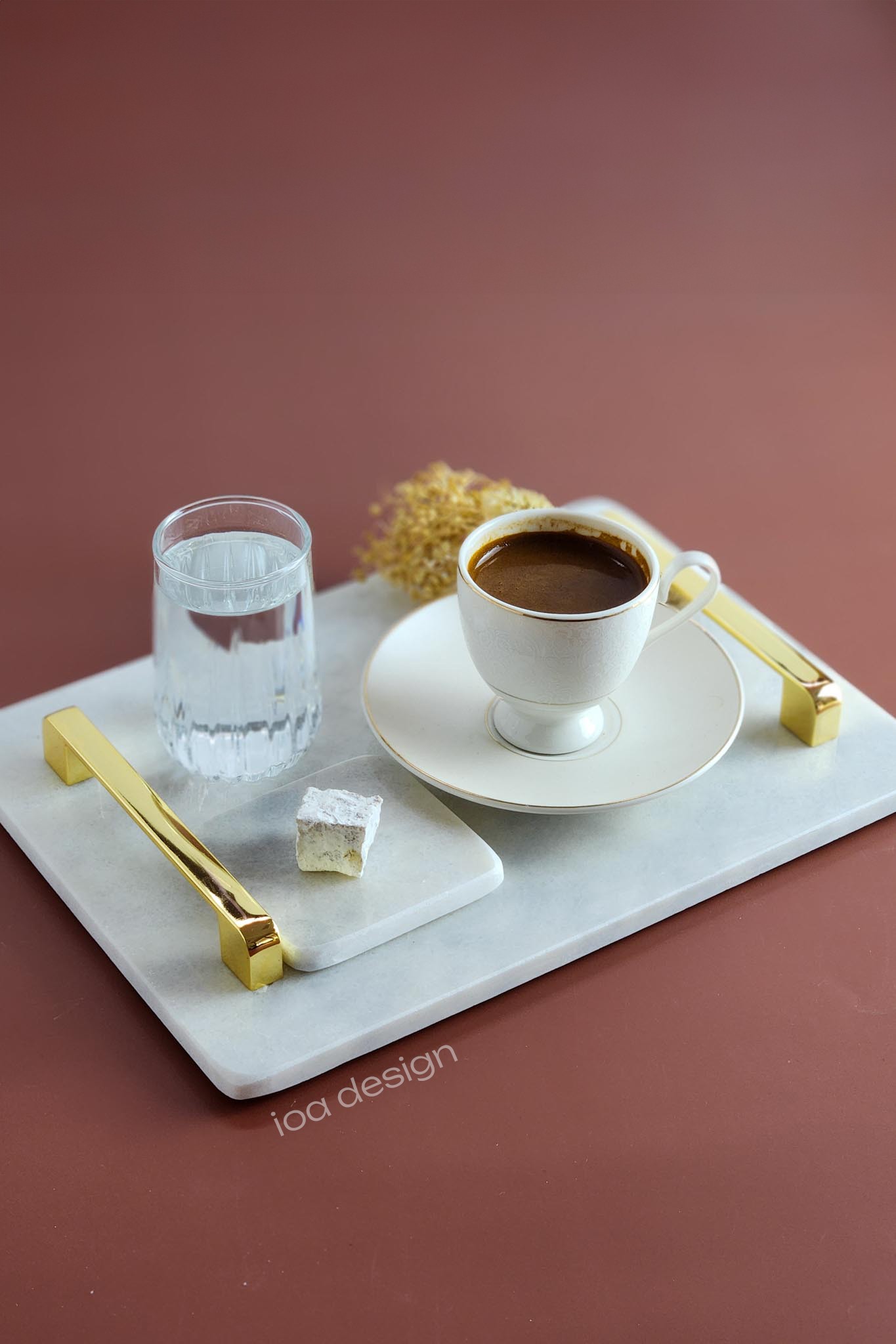 Nergis Mermer Damat Kahvesi Tepsi Seti - Fincan Setli - Altın Kulplu