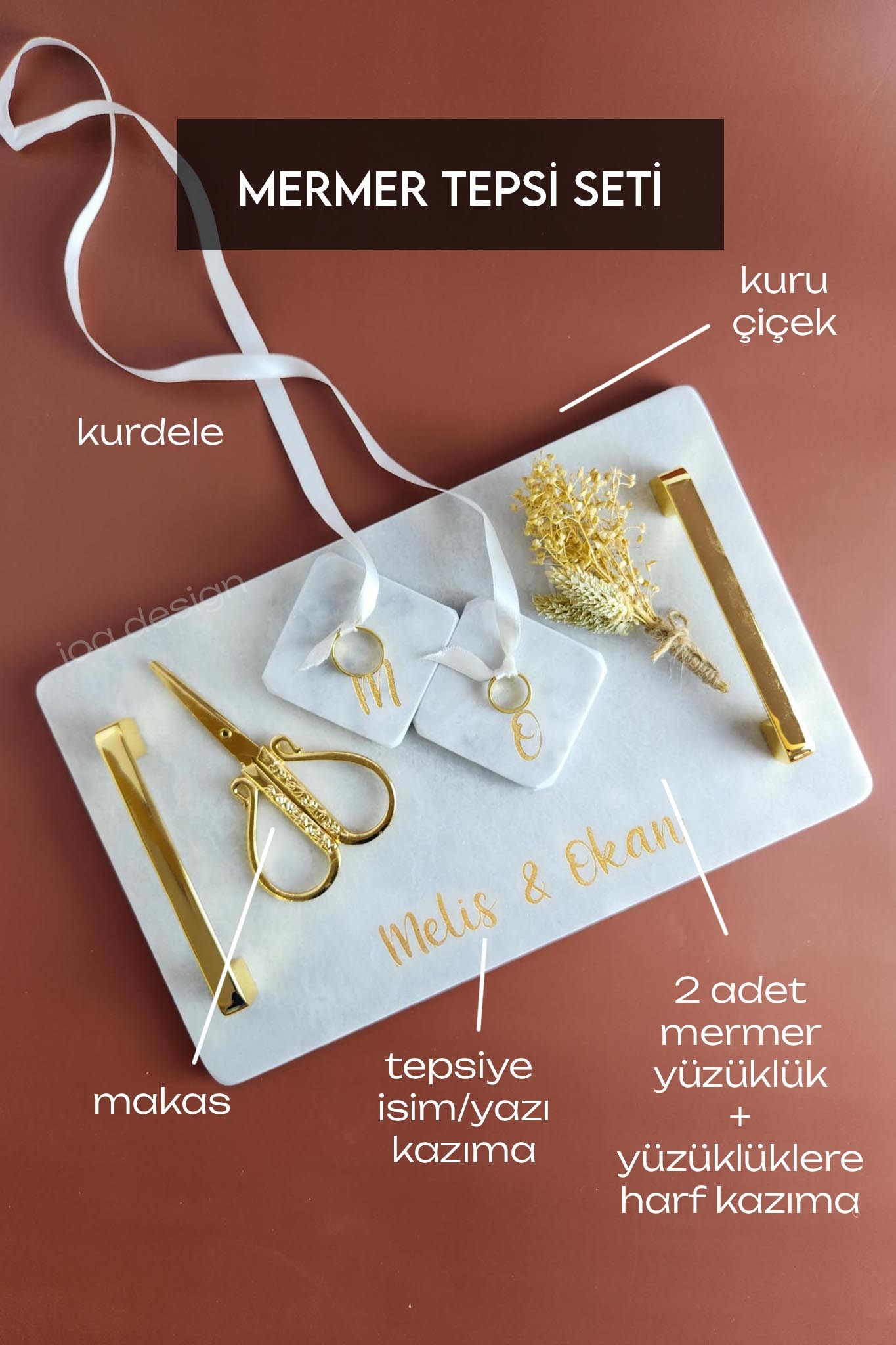 NERGİS Aksesuarlı SET - Mermer Söz & Nişan Tepsisi - Altın Kulplu