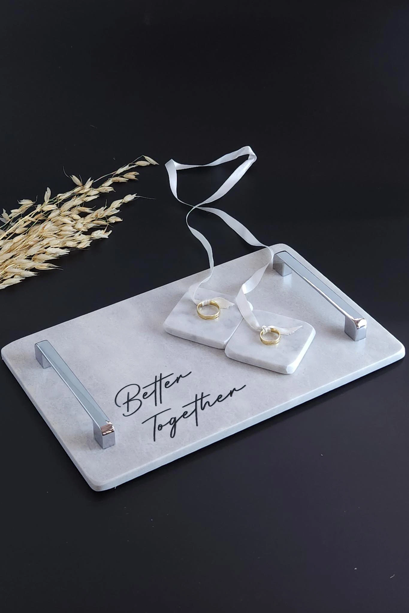 BETTER TOGETHER - Mermer Söz & Nişan Tepsisi - Gümüş Düz Kulplu