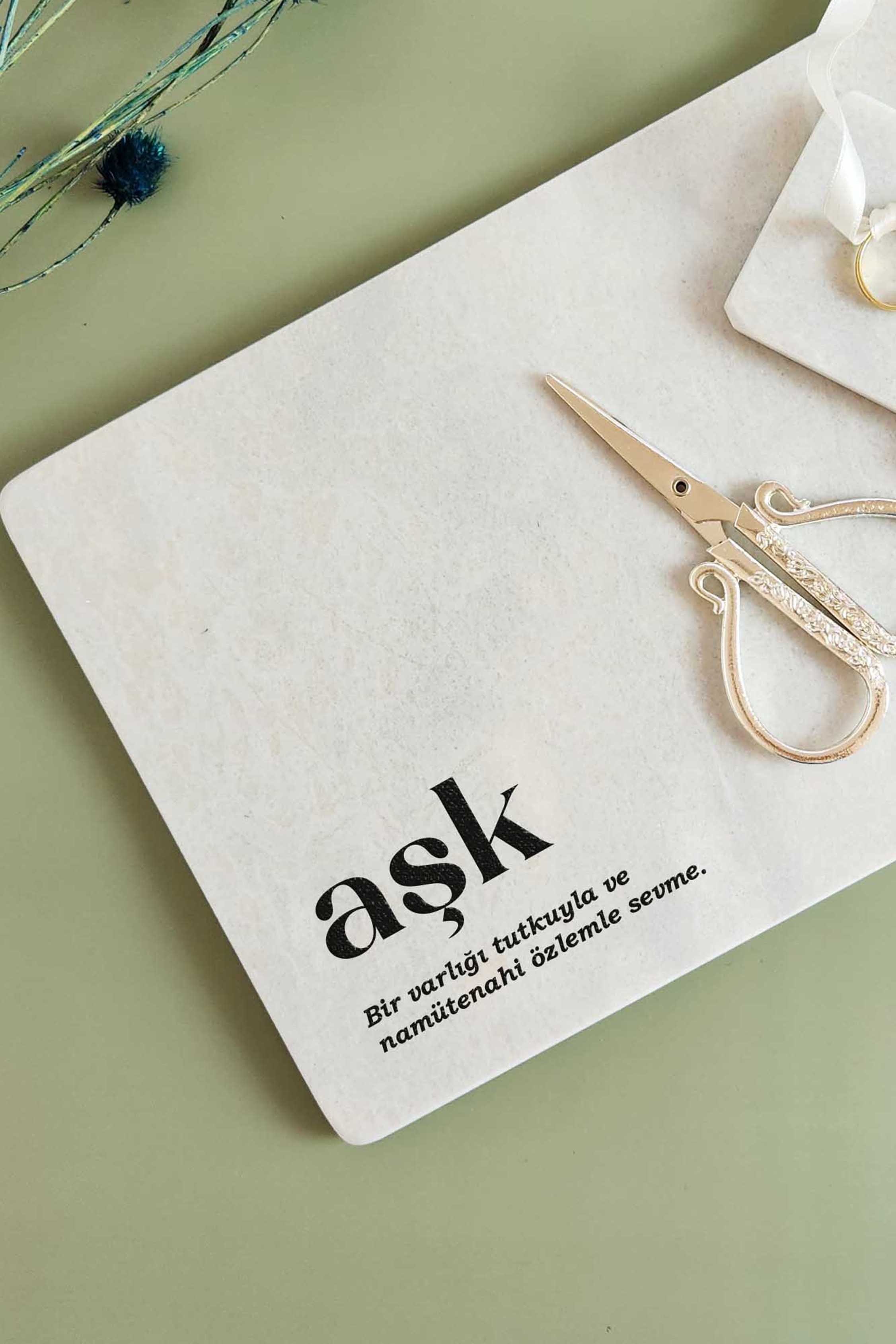 AŞK - Gerçek İnce Mermer Söz/nişan Tepsisi (32X20 CM) + Makas + 2 Adet Yüzüklük