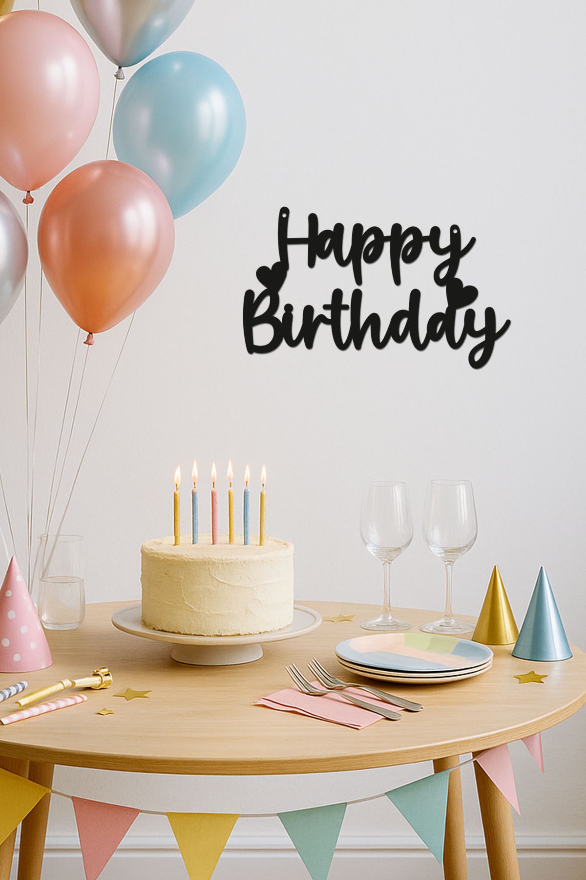 Happy Birthday (Kalpli)- Ahşap Dekoratif Duvar Yazısı - Doğumgünü / Organizasyon