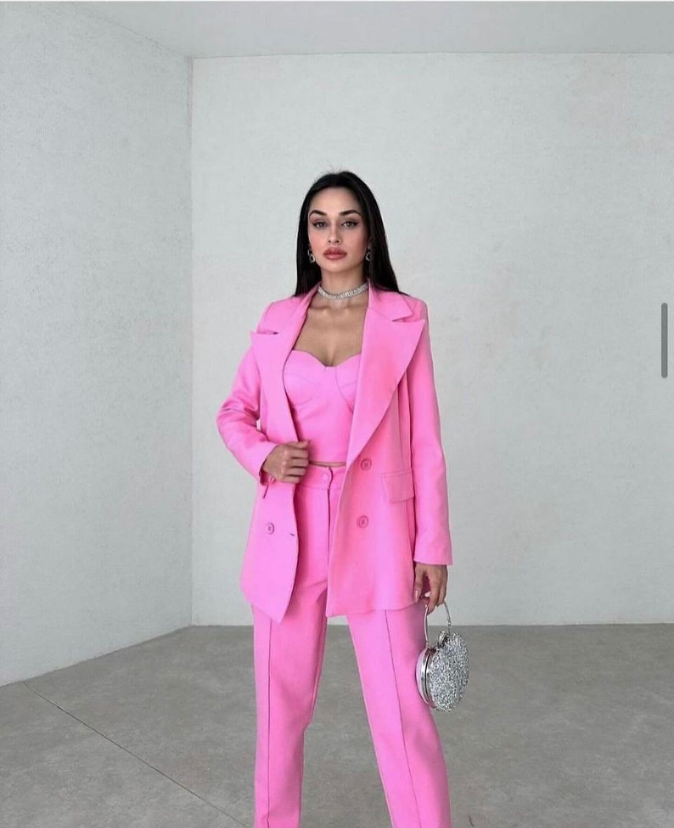 Ceket,crop,pantolon üçlü takım - Pembe