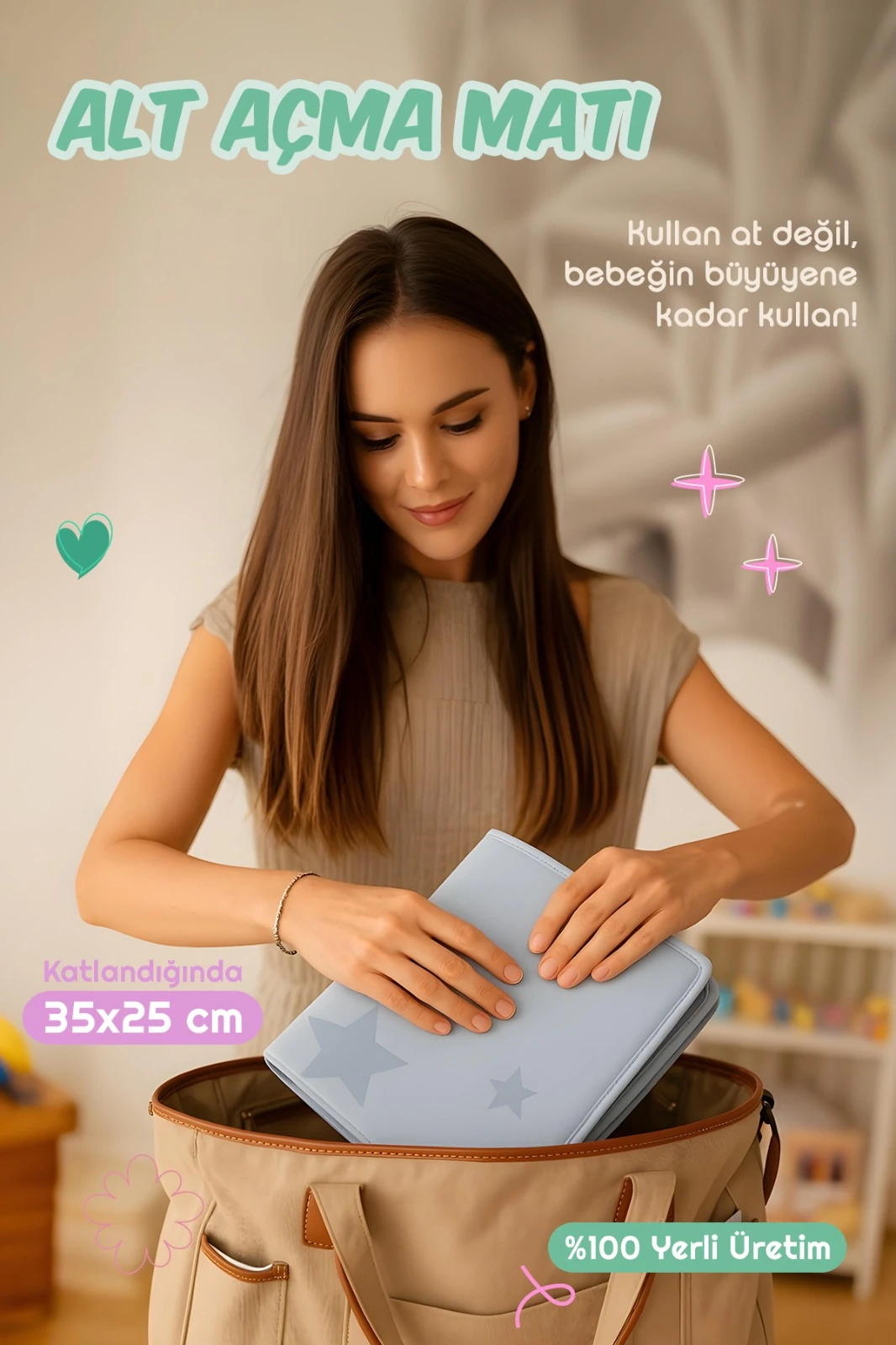 Katlanabilir Alt Değiştirme Matı – 70×50 cm | Taşınabilir, Su Geçirmez, Hijyenik Bebek Bakım Matı