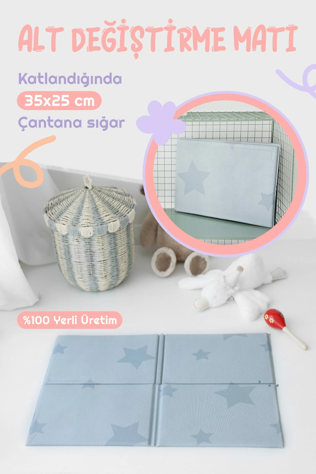 Katlanabilir Alt Değiştirme Matı – 70×50 cm | Taşınabilir, Su Geçirmez, Hijyenik Bebek Bakım Matı