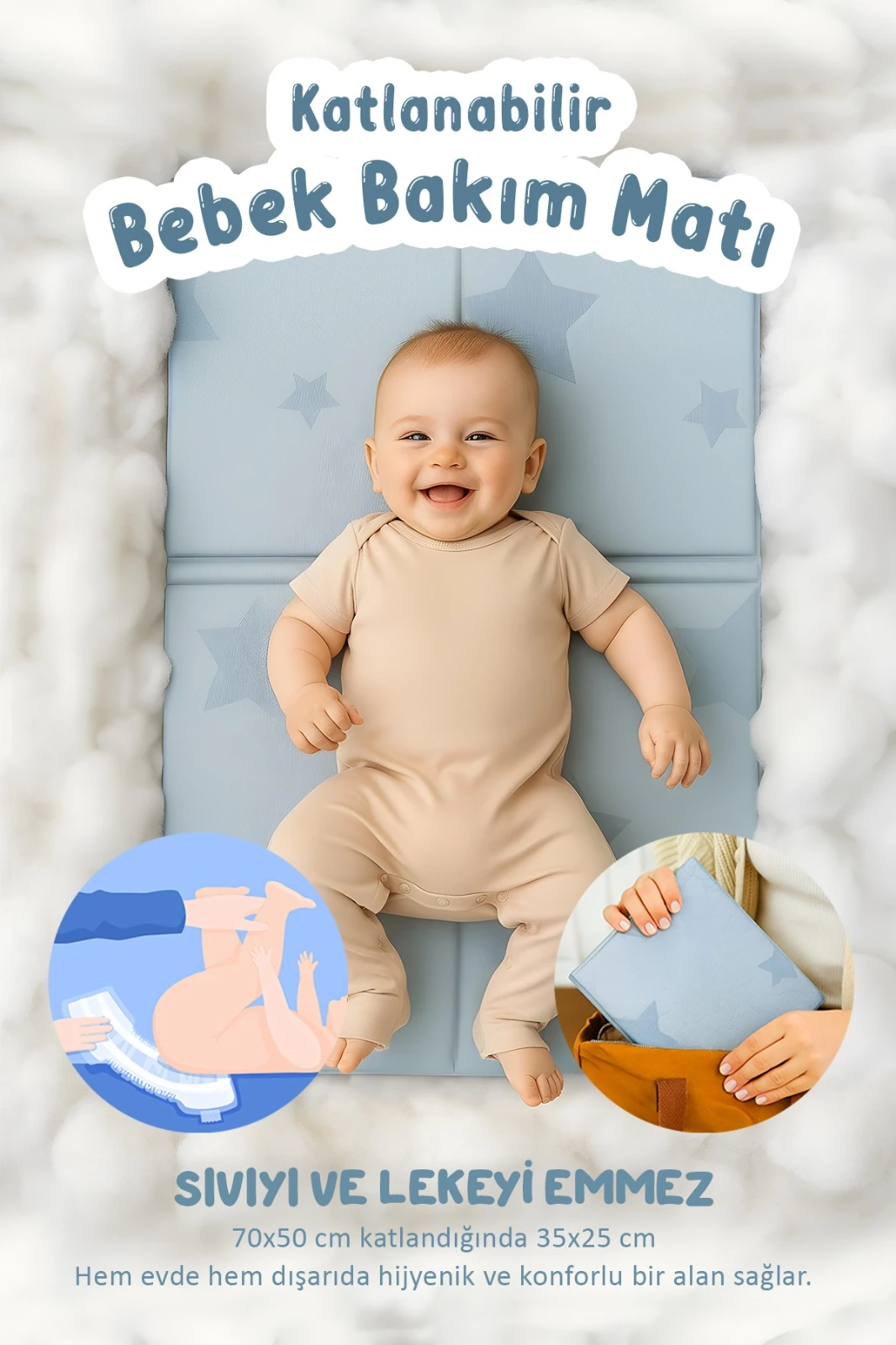 Katlanabilir Alt Değiştirme Matı – 70×50 cm | Taşınabilir, Su Geçirmez, Hijyenik Bebek Bakım Matı