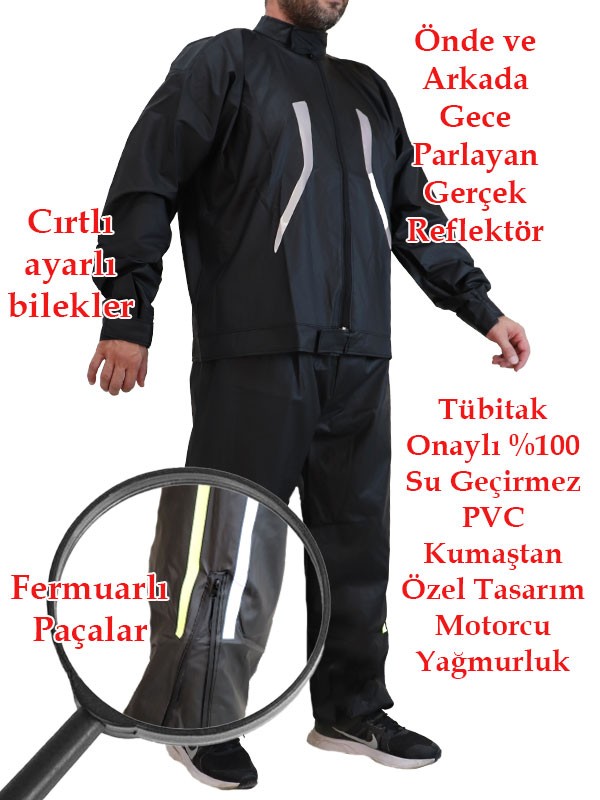 Motorcu Yağmurluk %100 Su Geçirmez Dikişsiz Ön Arka Çift Reflektör Fermuarlı Paçalar