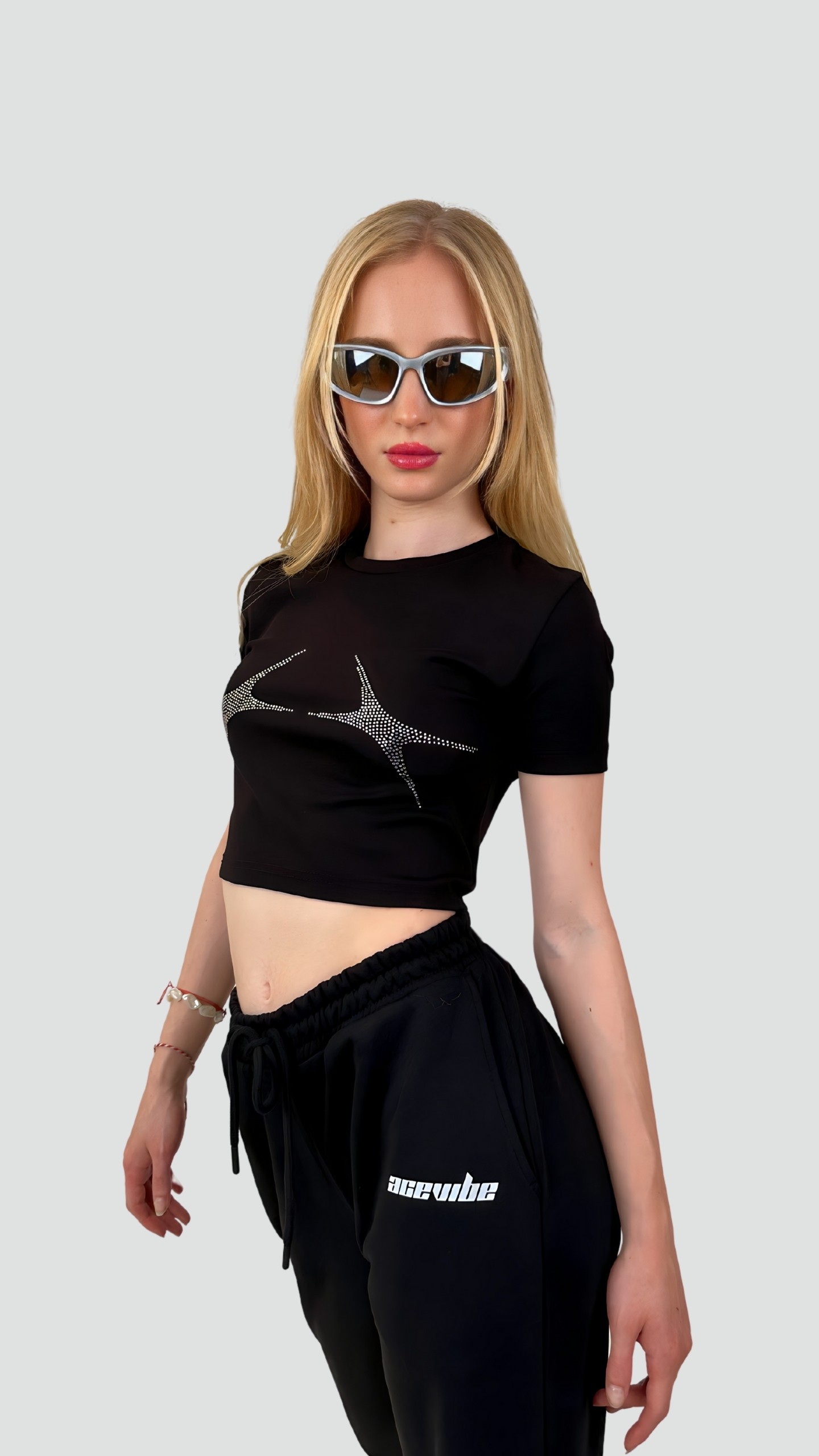 Twin Stars Rhinestones Crop T-Shirt