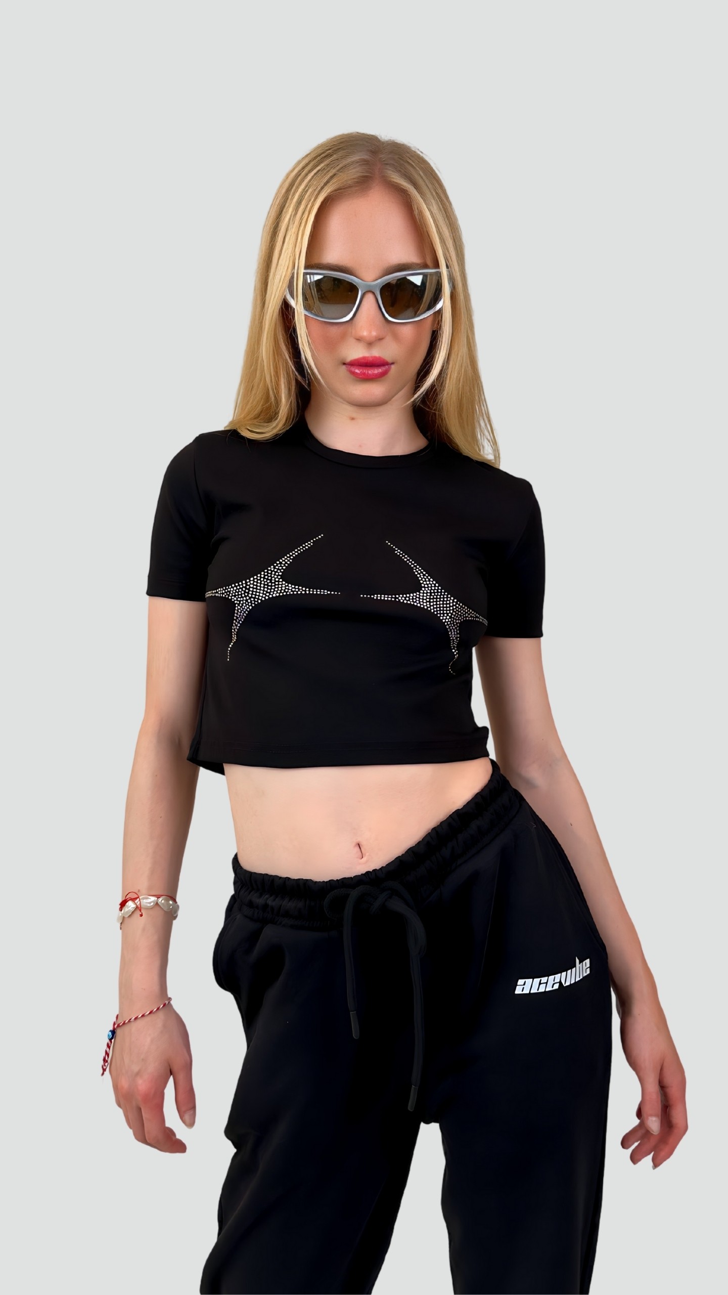 Twin Stars Rhinestones Crop T-Shirt