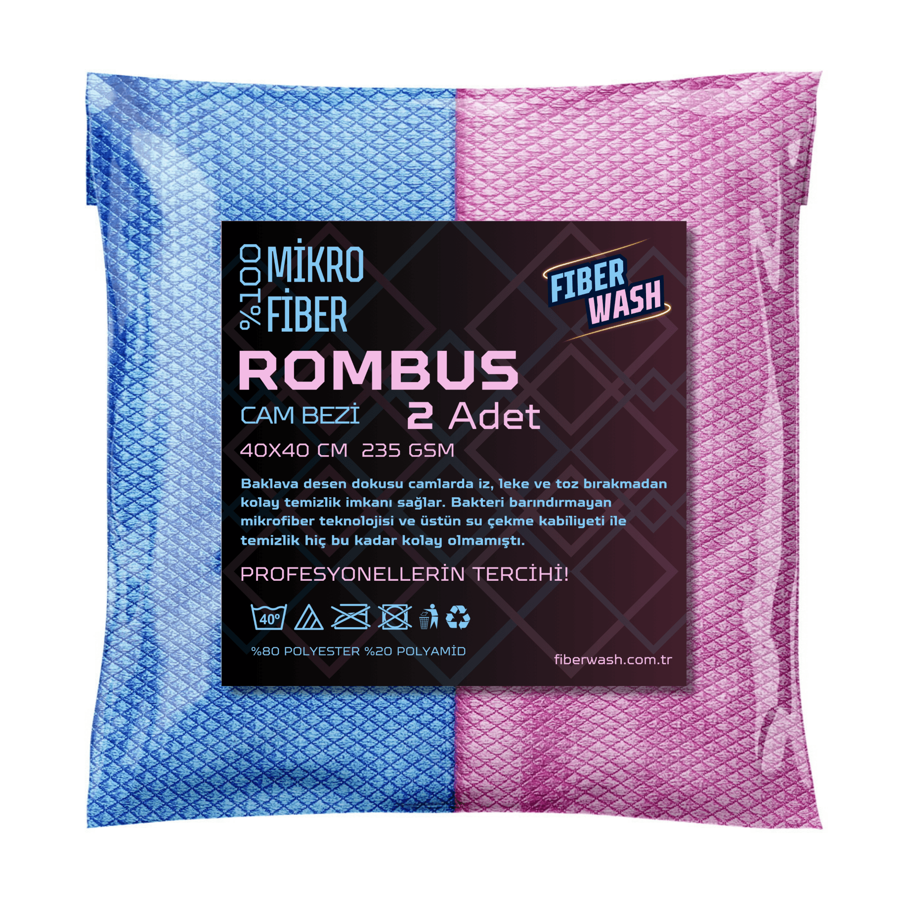 ROMBUS 2'Li Mikrofiber Oto Cam ve Jant Silme Bezi 40x40 Cm 235gr/m2-Pembe/Mavi