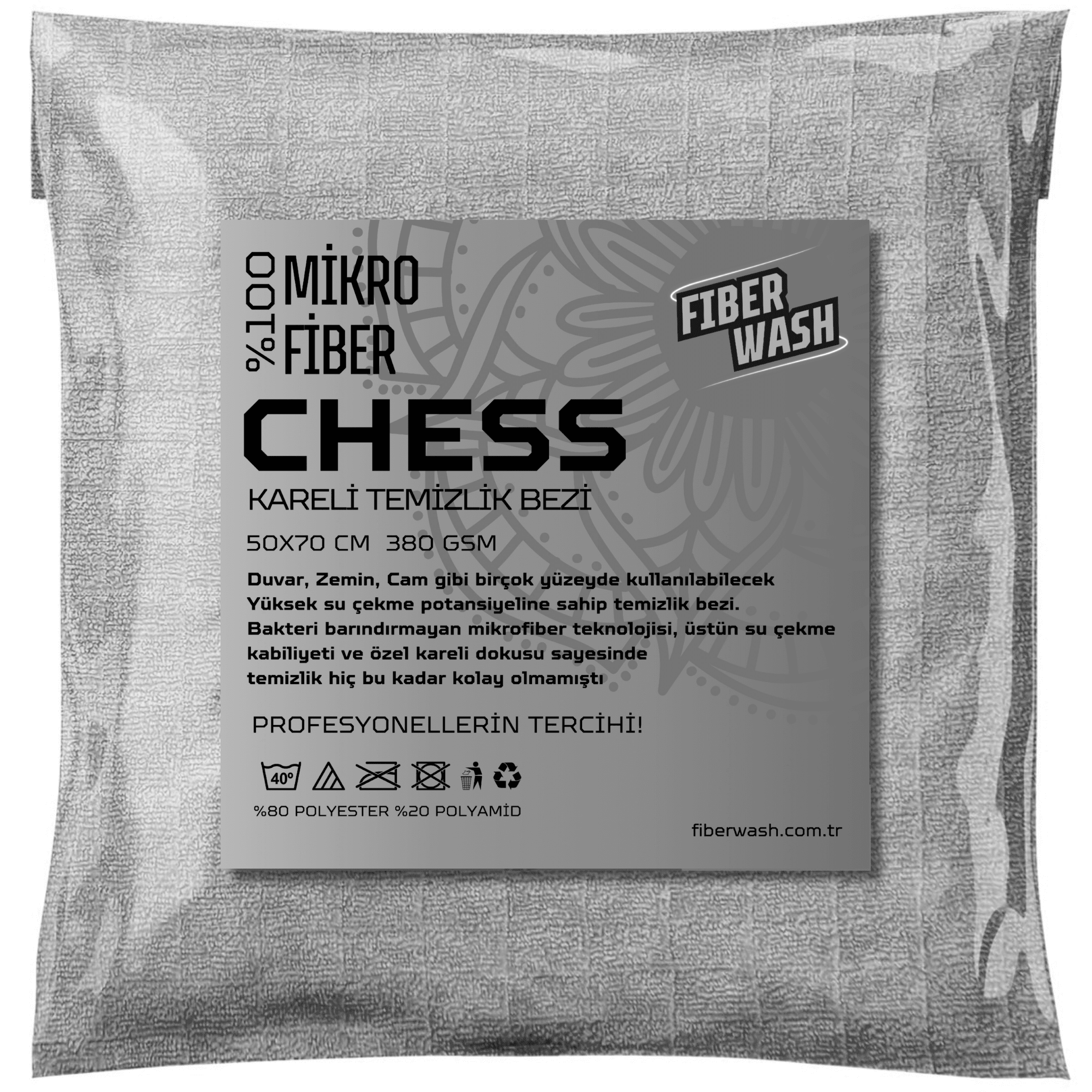 CHESS Mikrofiber Kareli Kadife Doku Ev Temizlik ve Araç Kurulama Cila Bezi 50x70cm 380gr/m2 - Gri