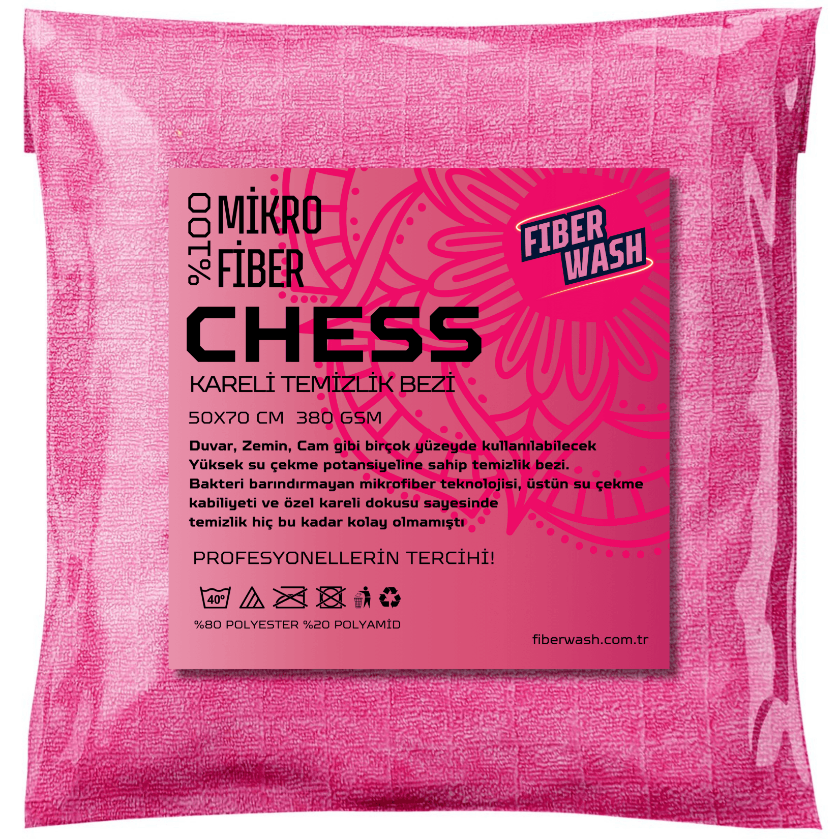 CHESS Mikrofiber Kareli Kadife Doku Ev Temizlik ve Araç Kurulama Cila Bezi 50x70cm 380gr/m2 - Pembe