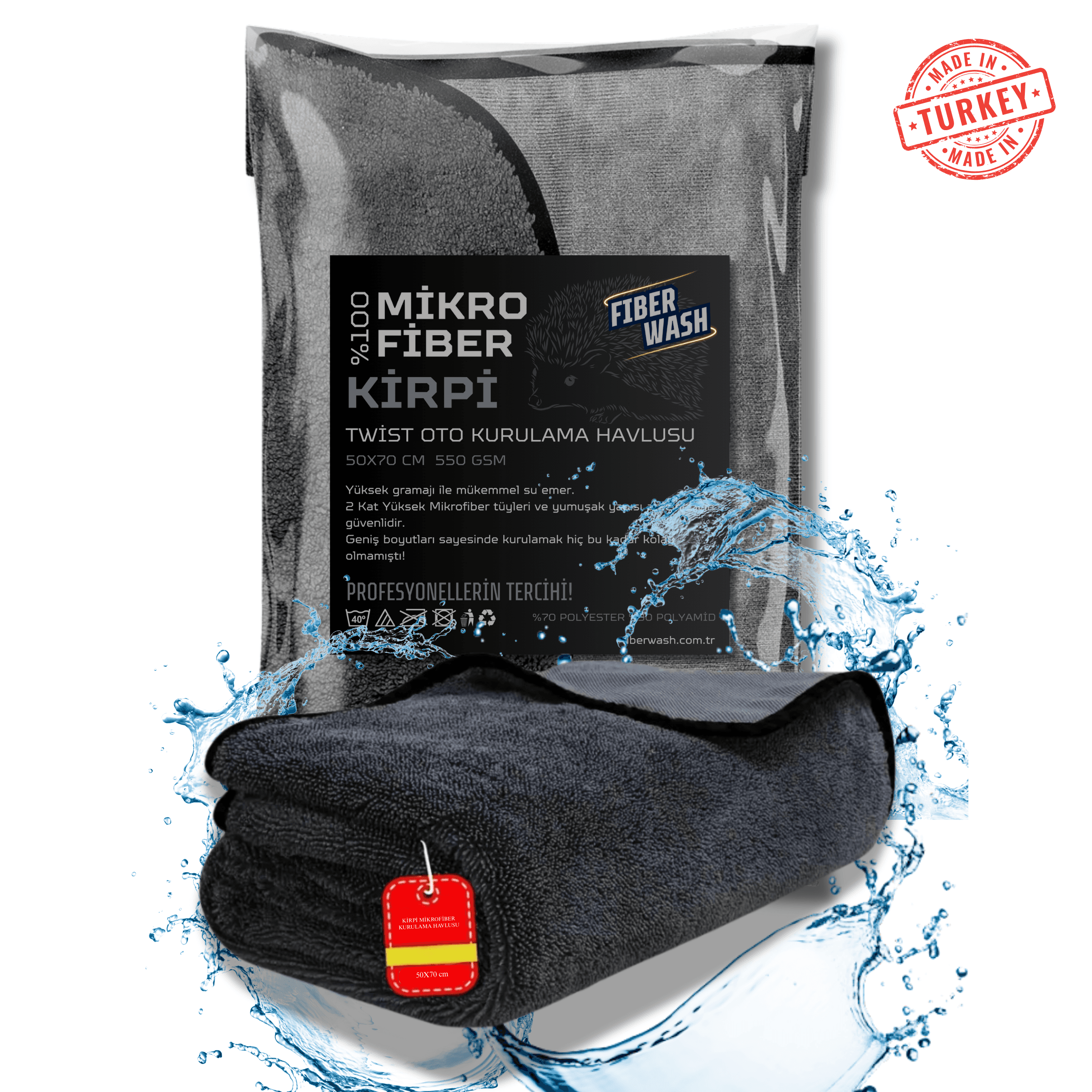 KİRPİ Twist Biyeli Süper Emici Mikrofiber Araç Kurulama Havlusu 50x70 Cm 550 gr/m2