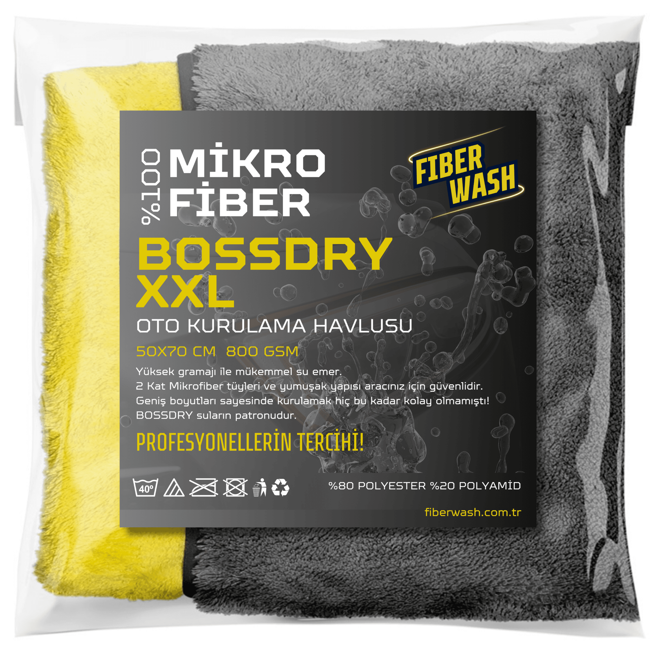 BOSSDRY XXL Biyeli Çift Kat Süper Emici Mikrofiber Araç Kurulama Havlusu 50x70 Cm 800gr/m2 - Sarı-Gri