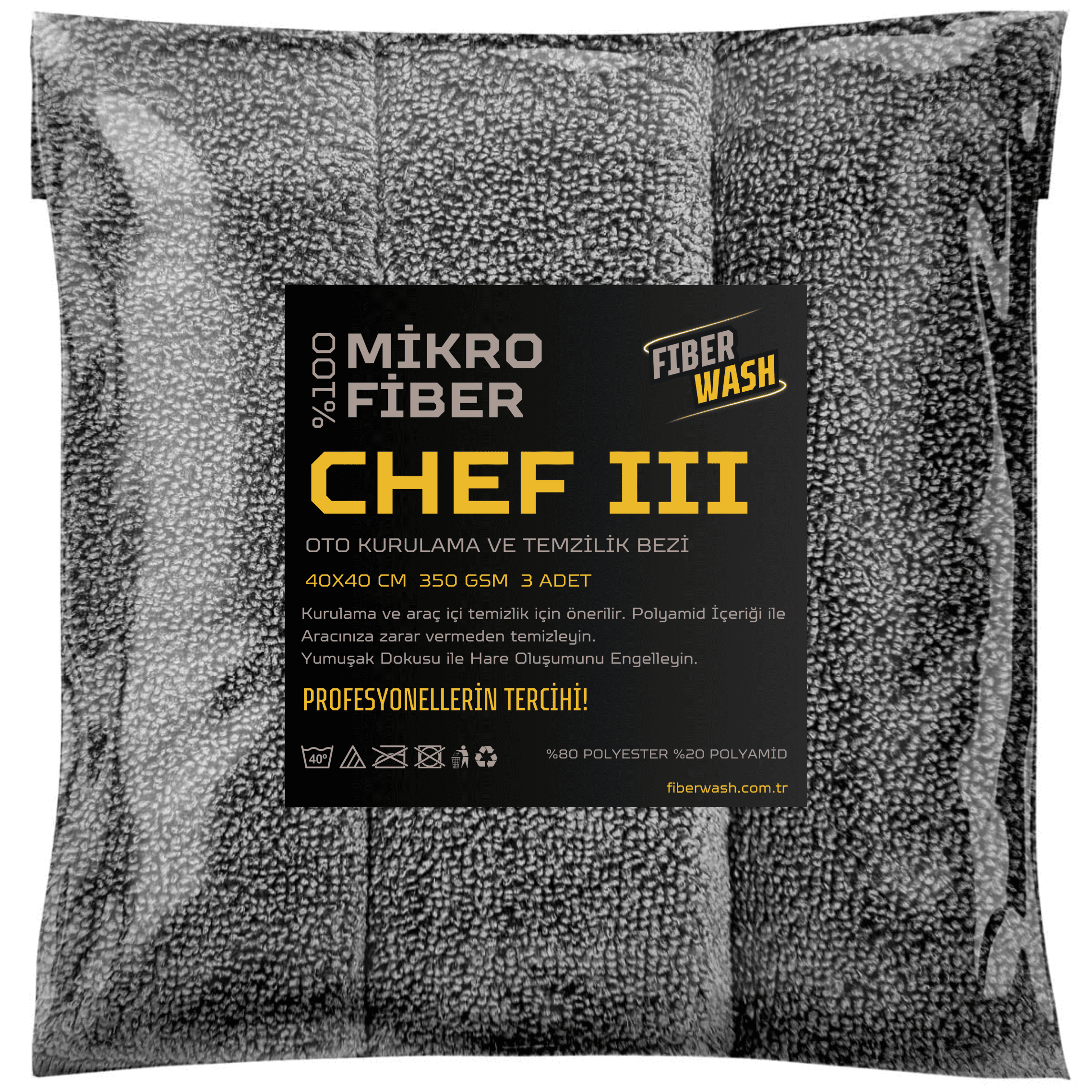 CHEF III 3'Lü Mikrofiber Oto Kurulama ve Temizlik Bezi 40x40 Cm 350gr/m2 