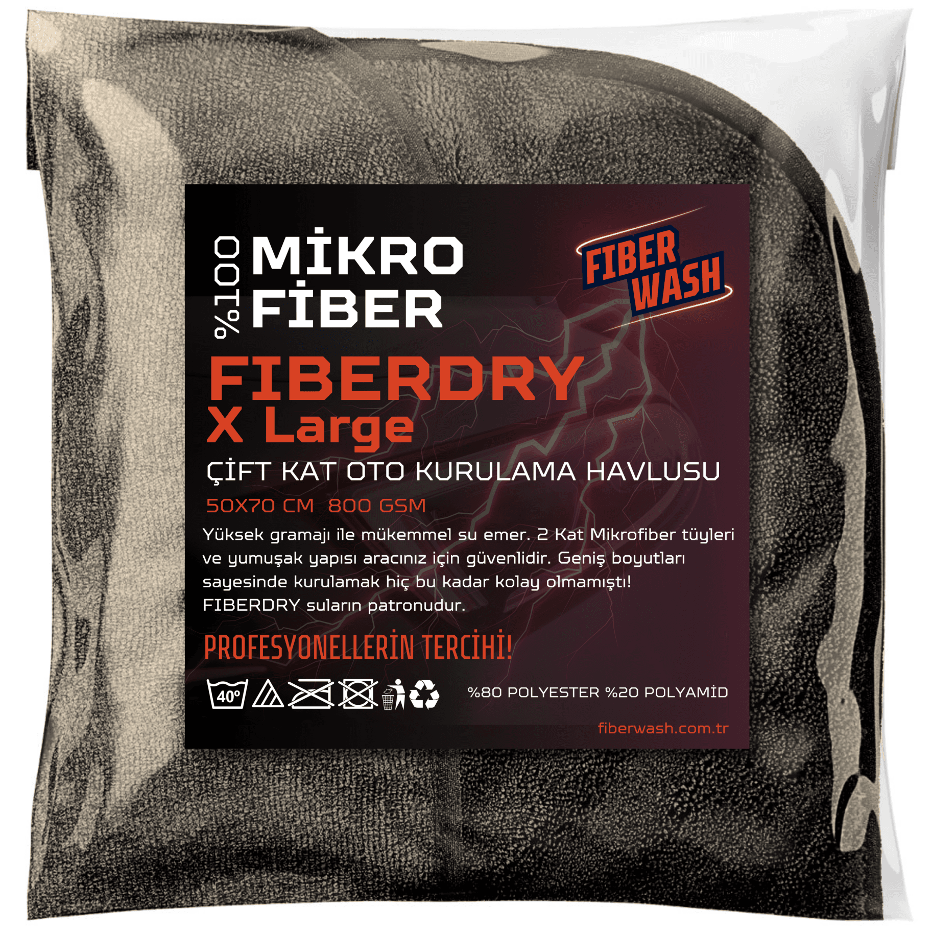 FIBERDRY XLarge Biyeli Çift Kat Süper Emici Mikrofiber Araç Kurulama Havlusu 50x70 Cm 800gr/m2-Gri