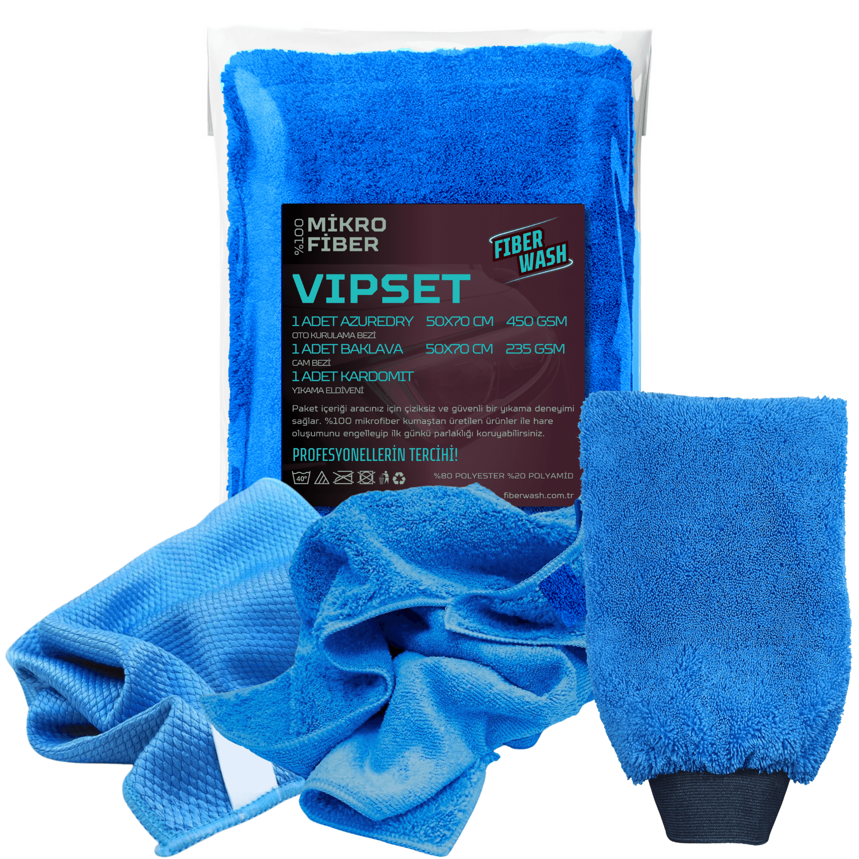 VIPSET Mavi 3'lü Mikrofiber Araç Yıkama ve Kurulama Temizlik Paketi