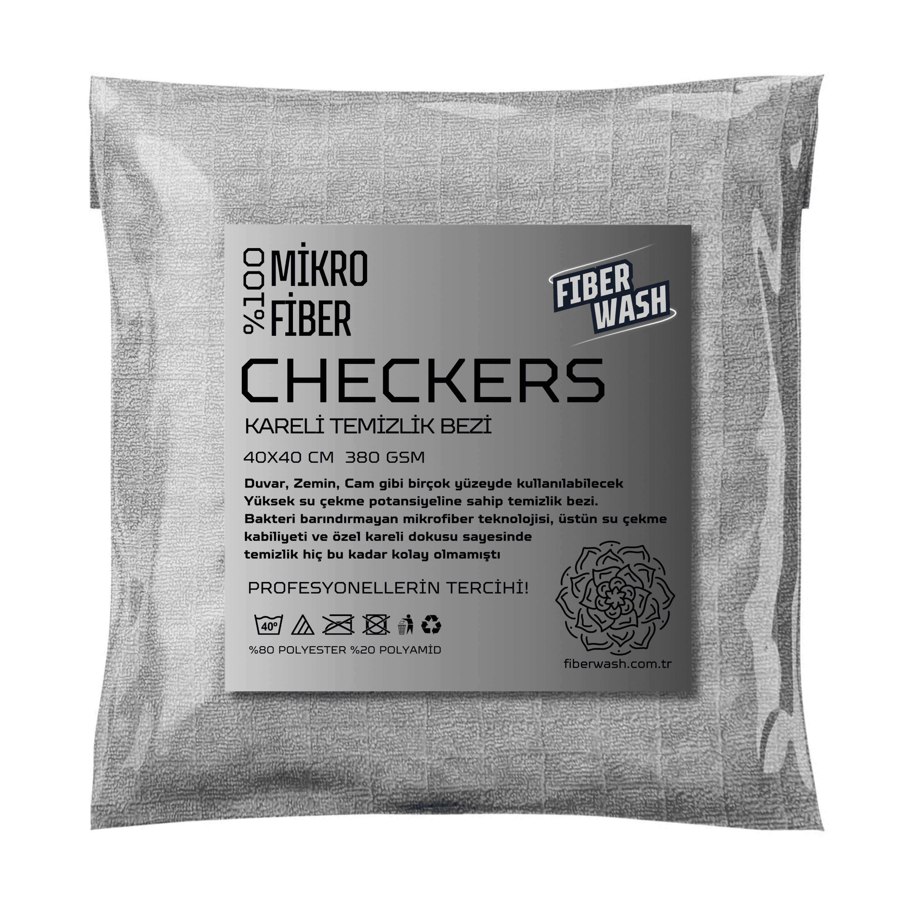 CHECKERS Mikrofiber Kareli Kadife Doku Ev Temizlik ve Mutfak Kurulama Bezi 40x40cm - Gri