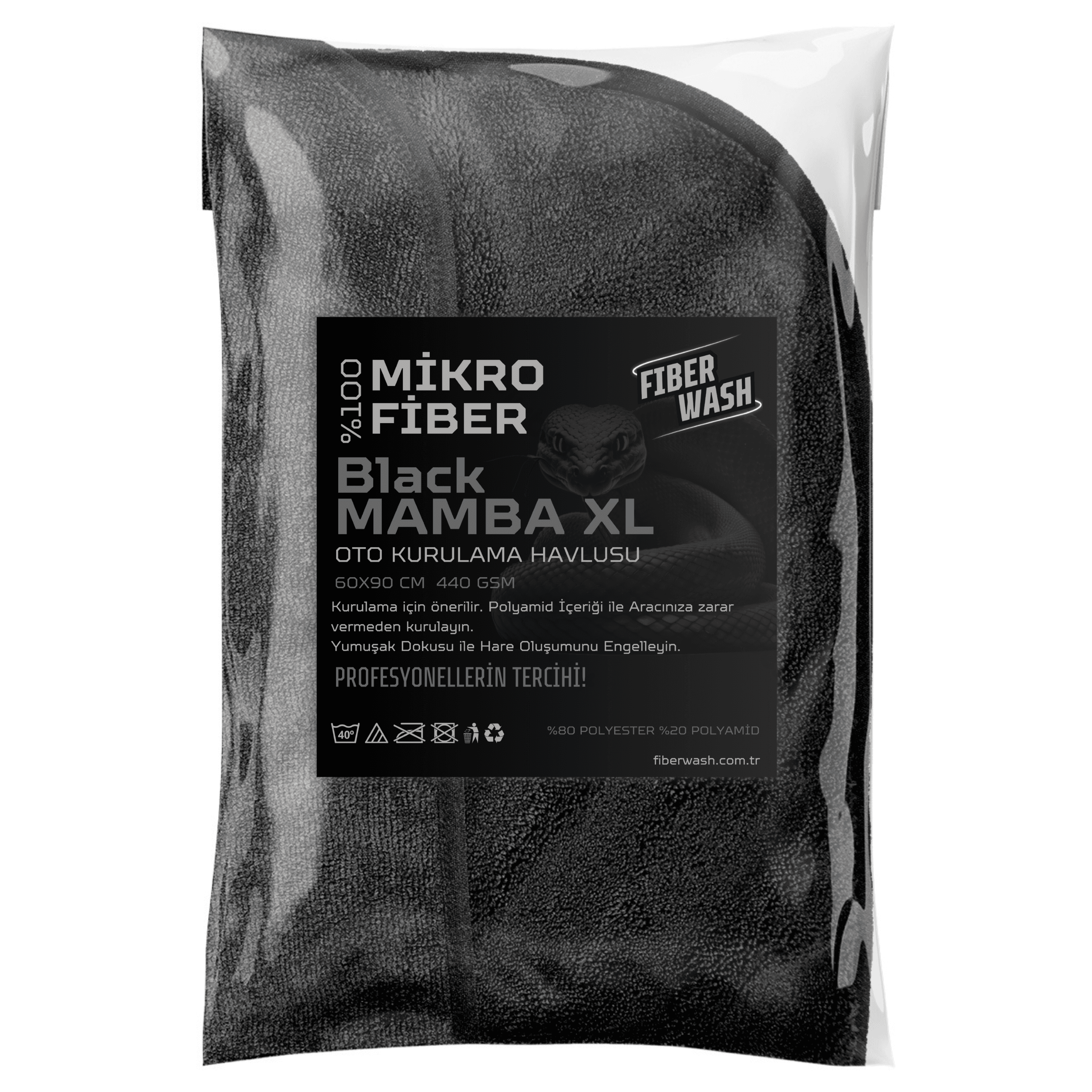 BLACK MAMBA XL Mikrofiber UltraKalın Süper Emici Araç Yıkama Kurulama ve Cila Bezi 60x90 cm 440gr/m2 – Siyah