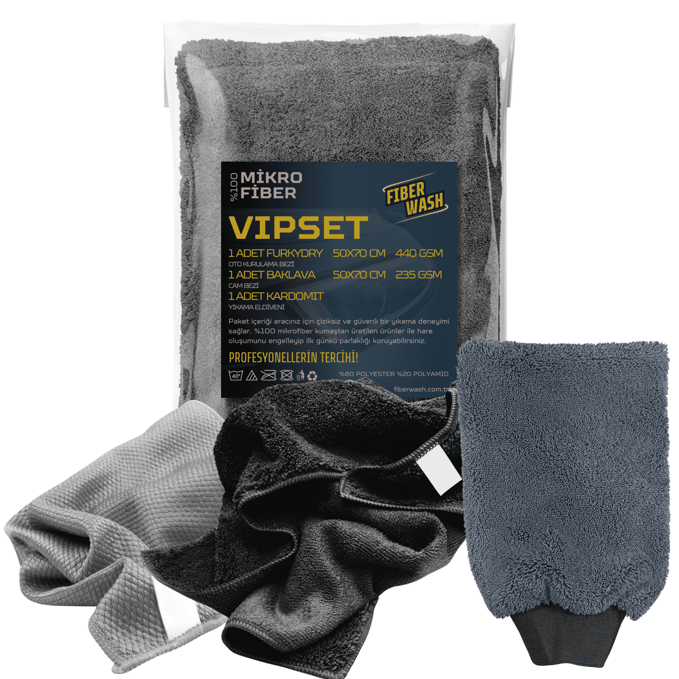 VIPSET Gri 3'lü Mikrofiber Araç Yıkama ve Kurulama Temizlik Paketi