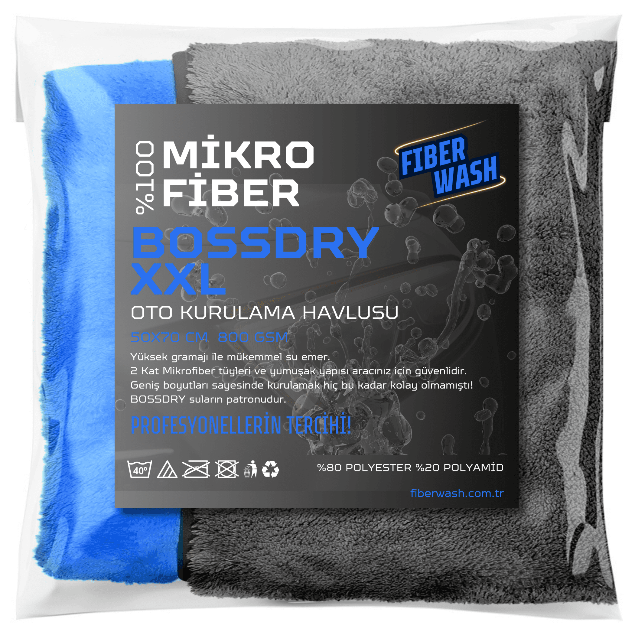 BOSSDRY XXL Biyeli Çift Kat Süper Emici Mikrofiber Araç Kurulama Havlusu 50x70 Cm 800gr/m2 - Mavi-Gri