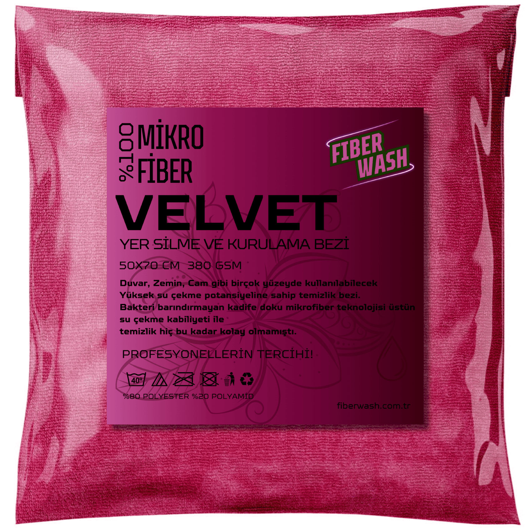  VELVET Mikrofiber Kadife Doku Ev Temizlik ve Yer Silme Kurulama Bezi 50x70cm 380gr/m2 - Pembe