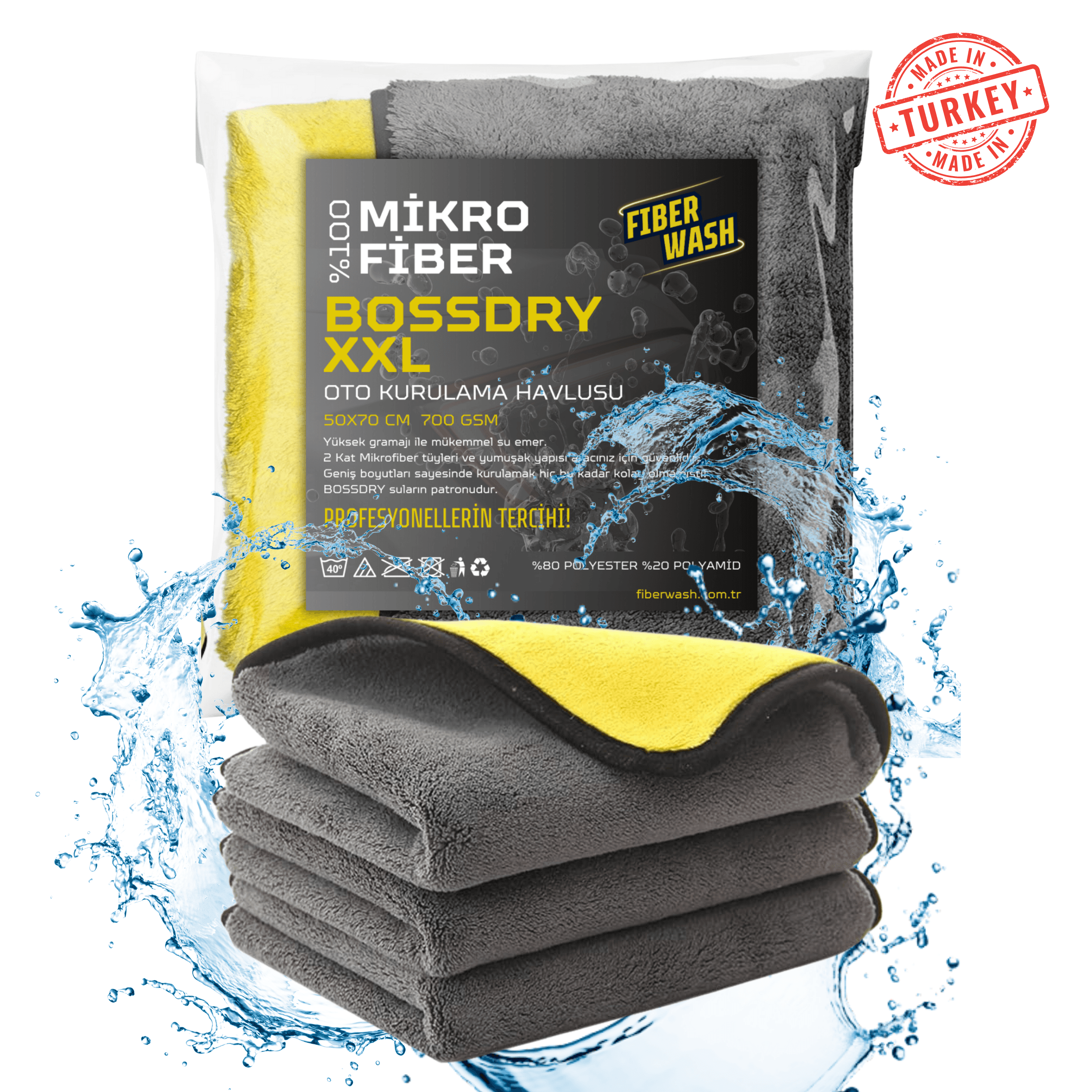 BOSSDRY XXL Biyeli Çift Kat Süper Emici Mikrofiber Araç Kurulama Havlusu 50x70 Cm 700gr/m2 - Sarı-Gri