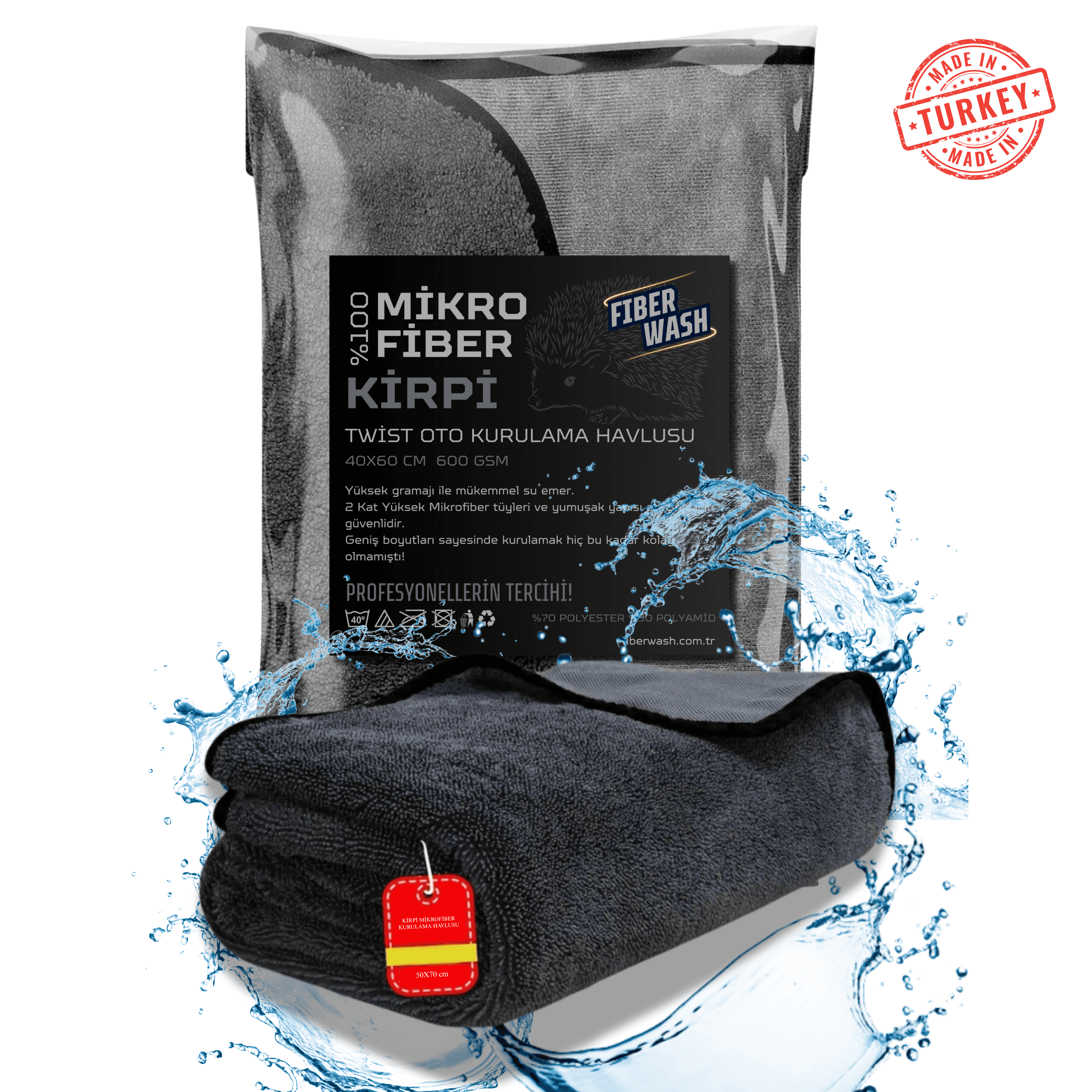 KİRPİ Twist Biyeli Süper Emici Mikrofiber Araç Kurulama Havlusu 40x60 Cm 600 gr/m2