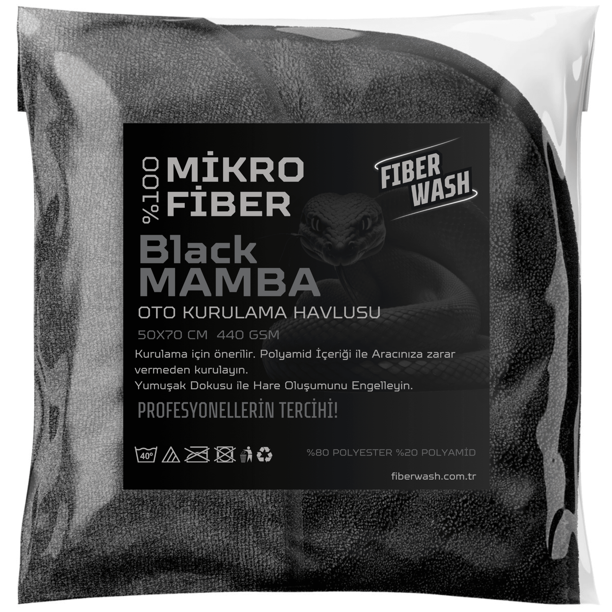 BLACK MAMBA Mikrofiber UltraKalın Süper Emici Araç Yıkama Kurulama ve Cila Bezi 50x70 cm 440gr/m2 – Siyah