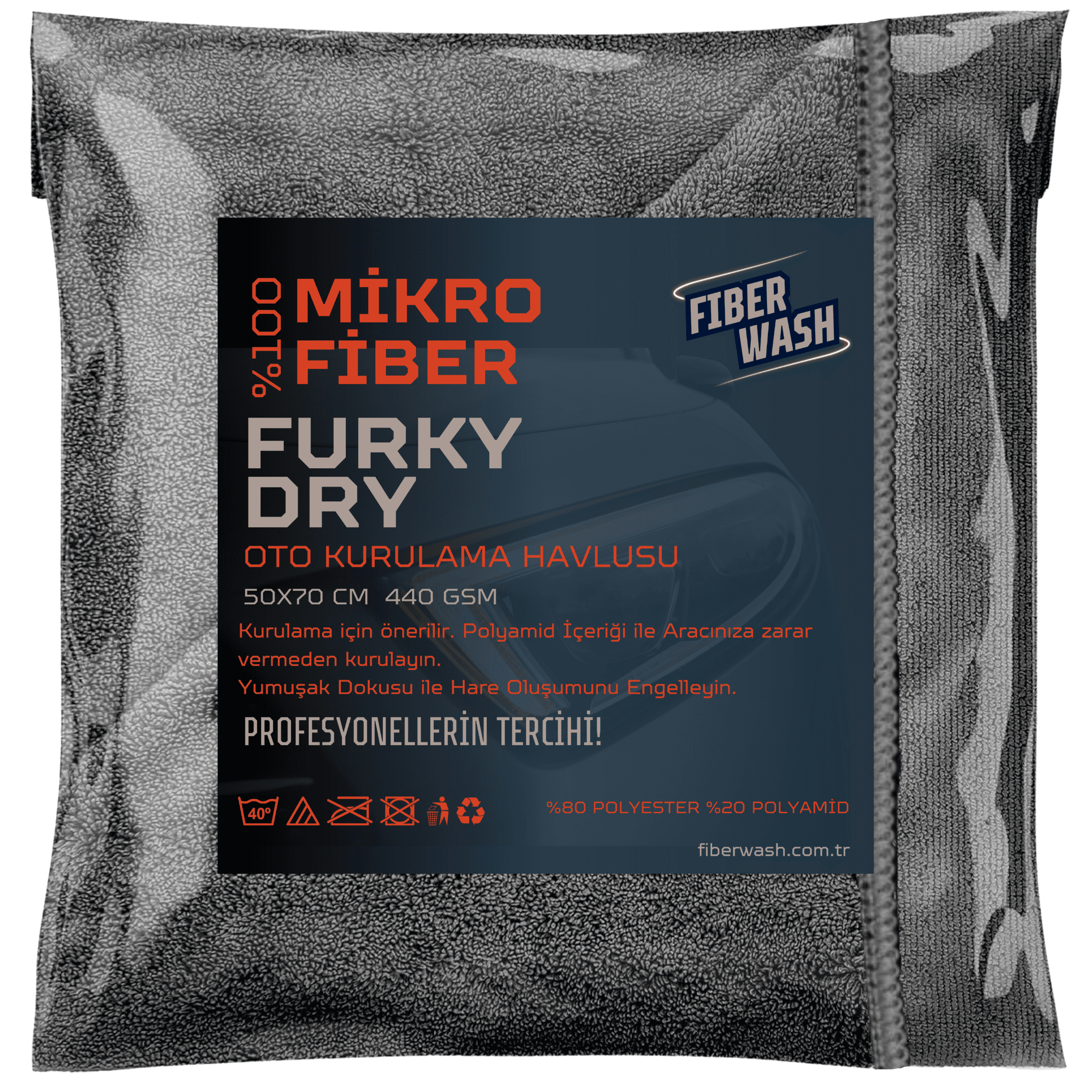 FURKYDRY Mikrofiber UltraKalın Süper Emici Araç Yıkama Kurulama ve Cila Bezi 50x70 cm 440gr/m2 – Gri