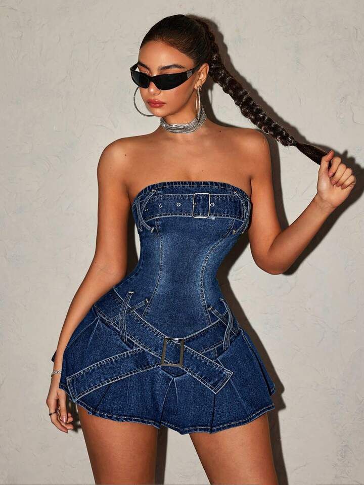 Likrali Denim Kar Yıkamalı Kemerli Straplez Super Mini Kot Elbise  