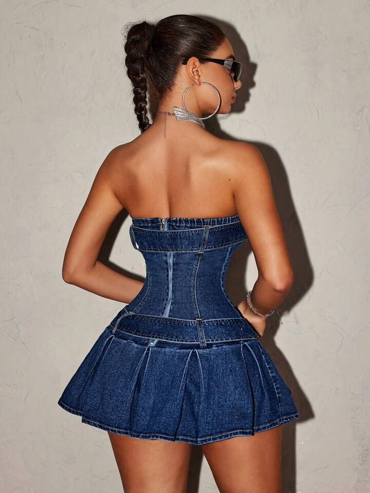 Likrali Denim Kar Yıkamalı Kemerli Straplez Super Mini Kot Elbise  