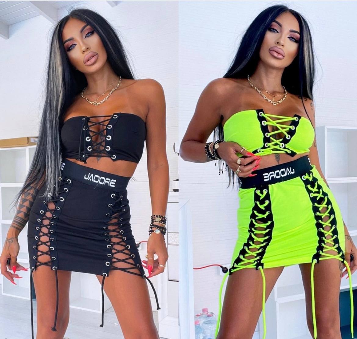 💚Kuşgözülü Kemer Baskılı Göğüs  Astarlı Mini Boy Etekli Takım