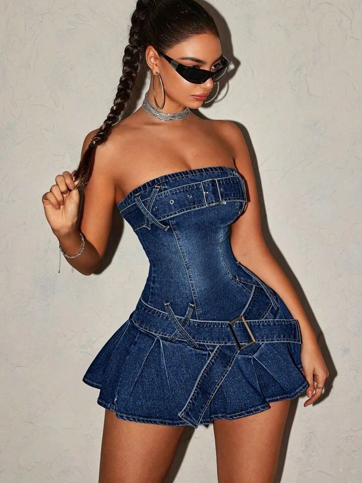 Likrali Denim Kar Yıkamalı Kemerli Straplez Super Mini Kot Elbise  