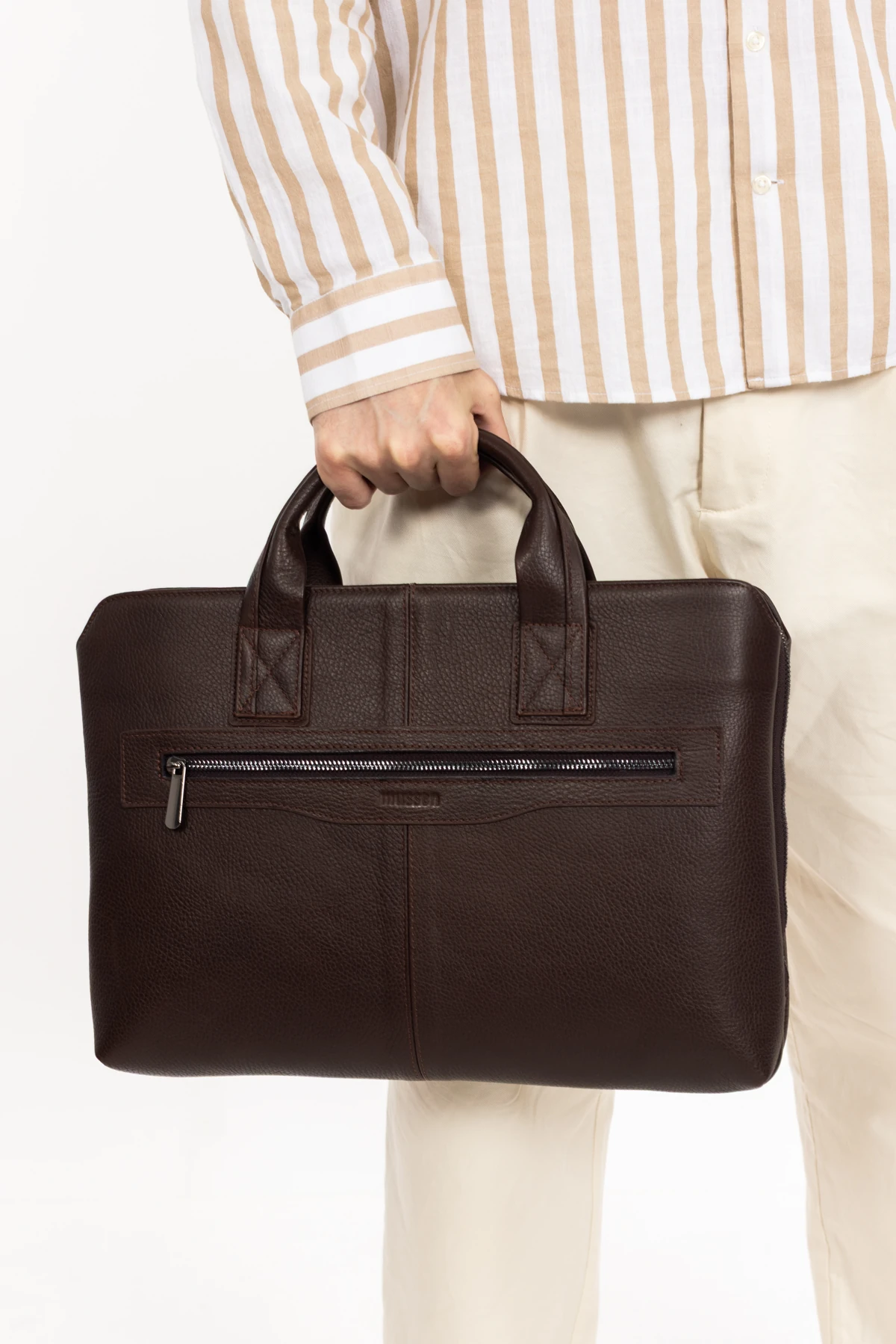 Mussen Grandora %100 Hakiki Deri 15.6 inç Laptop Evrak Çantası – 3 Bölmeli, Havuz Fermuarlı - Grandora Kahve Naturel