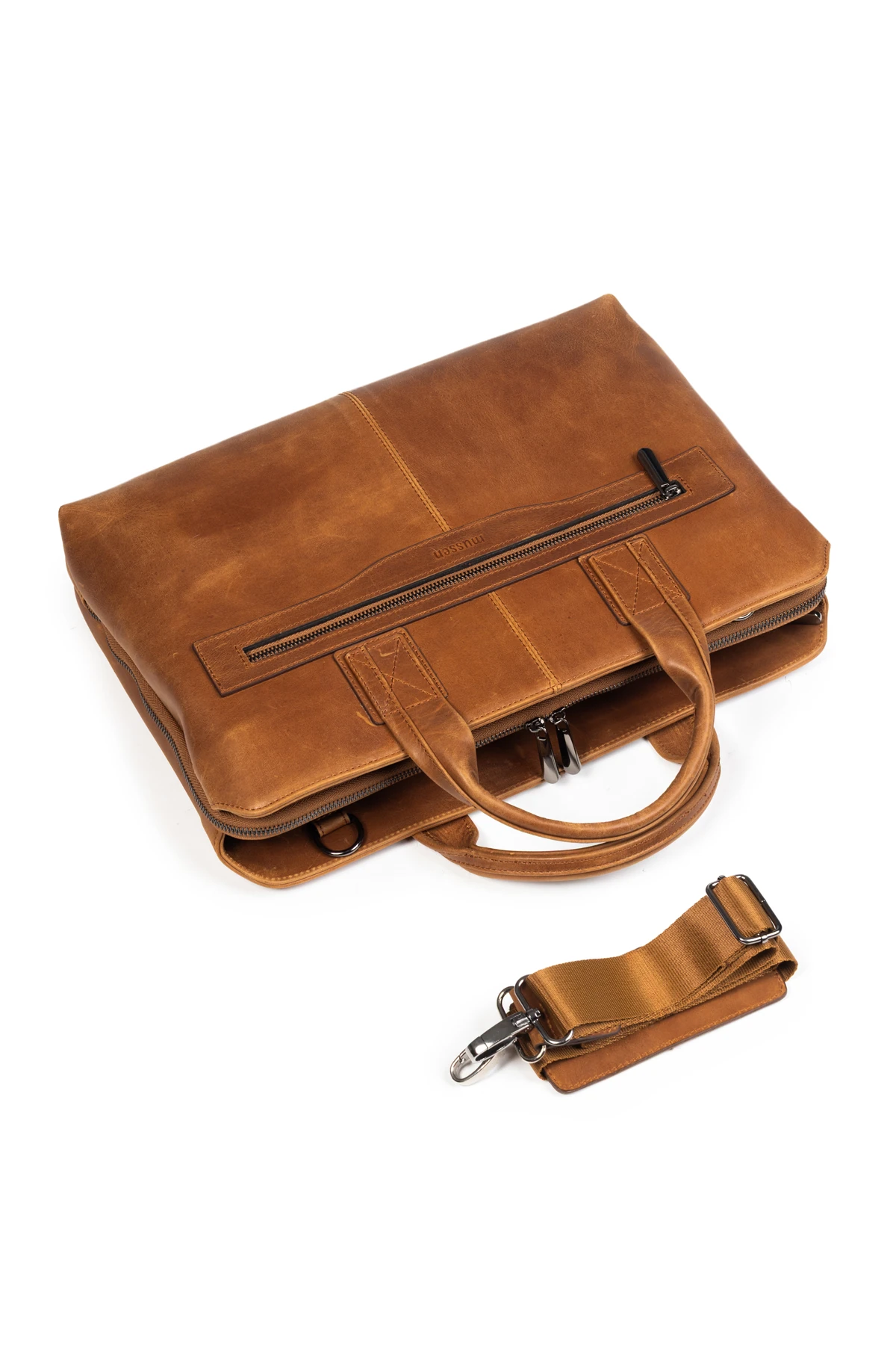 Mussen Grandora %100 Hakiki Deri 15.6 inç Laptop Evrak Çantası – 3 Bölmeli, Havuz Fermuarlı - Grandora Taba Asfalt