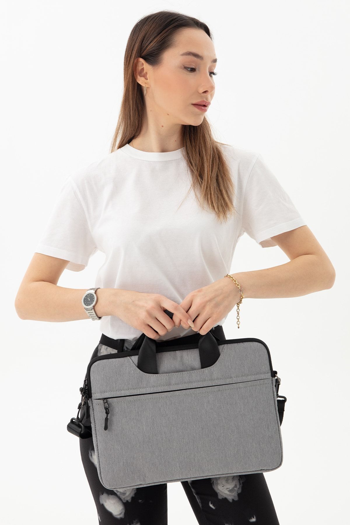 13” & 14”inç Su Geçirmez Kumaş mussen Laptop & Evrak Çantası - Açık Gri