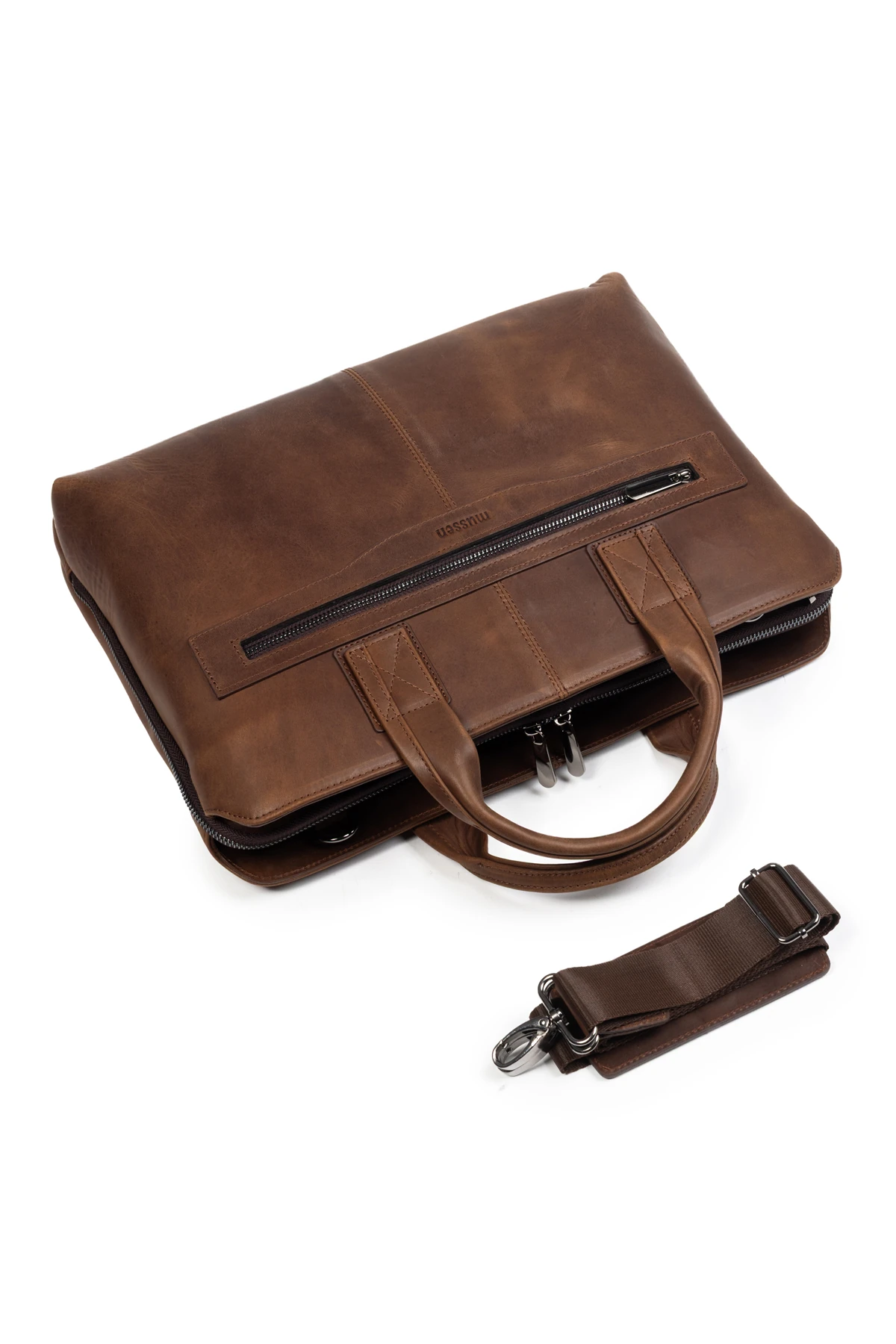 Mussen Grandora %100 Hakiki Deri 15.6 inç Laptop Evrak Çantası – 3 Bölmeli, Havuz Fermuarlı - Grandora Kahve Asfalt