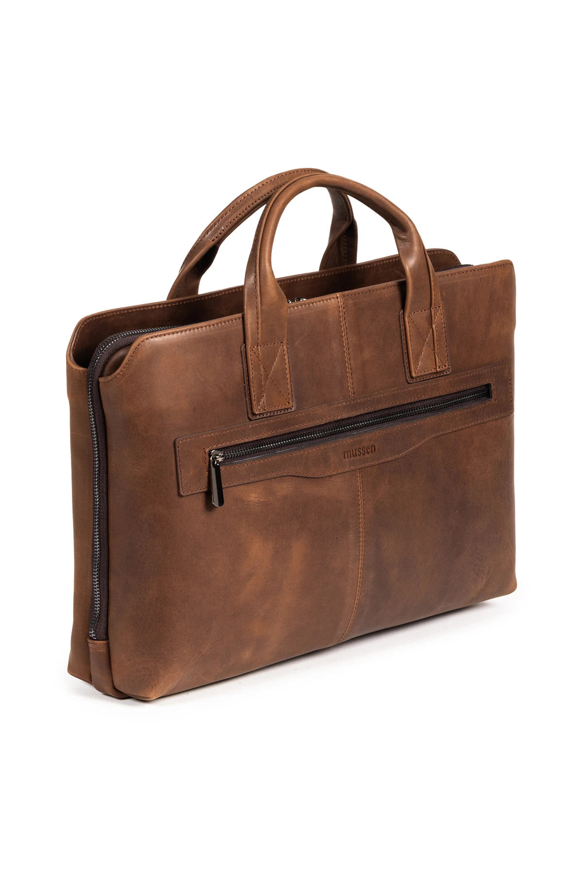 Mussen Grandora %100 Hakiki Deri 15.6 inç Laptop Evrak Çantası – 3 Bölmeli, Havuz Fermuarlı - Grandora Kahve Asfalt