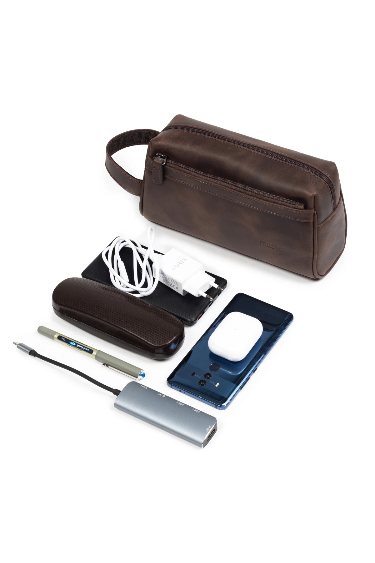 Erkek Hakiki Deri Portföy El Çantası – Fermuarlı, Çok Bölmeli, Premium - Classic Kahve Asfalt