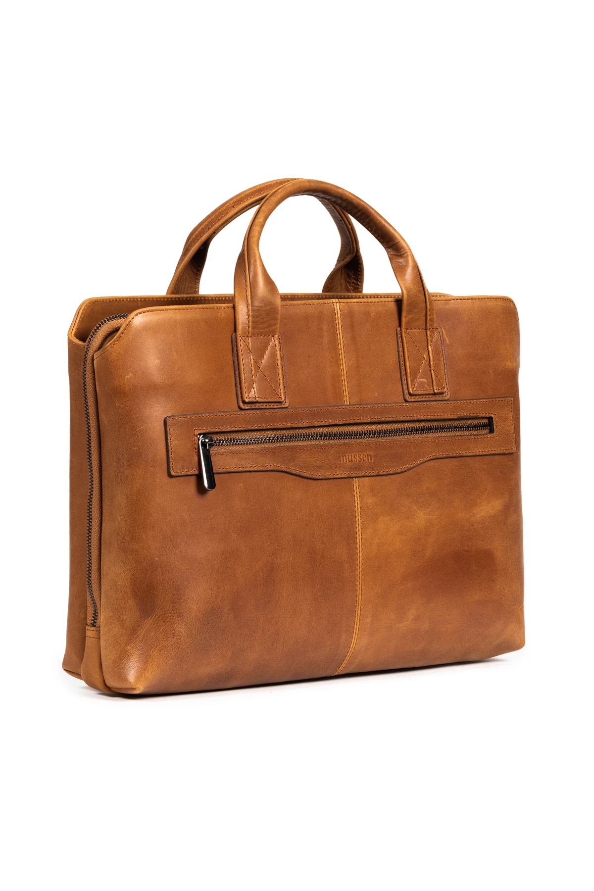 Mussen Grandora %100 Hakiki Deri 15.6 inç Laptop Evrak Çantası – 3 Bölmeli, Havuz Fermuarlı - Grandora Taba Asfalt