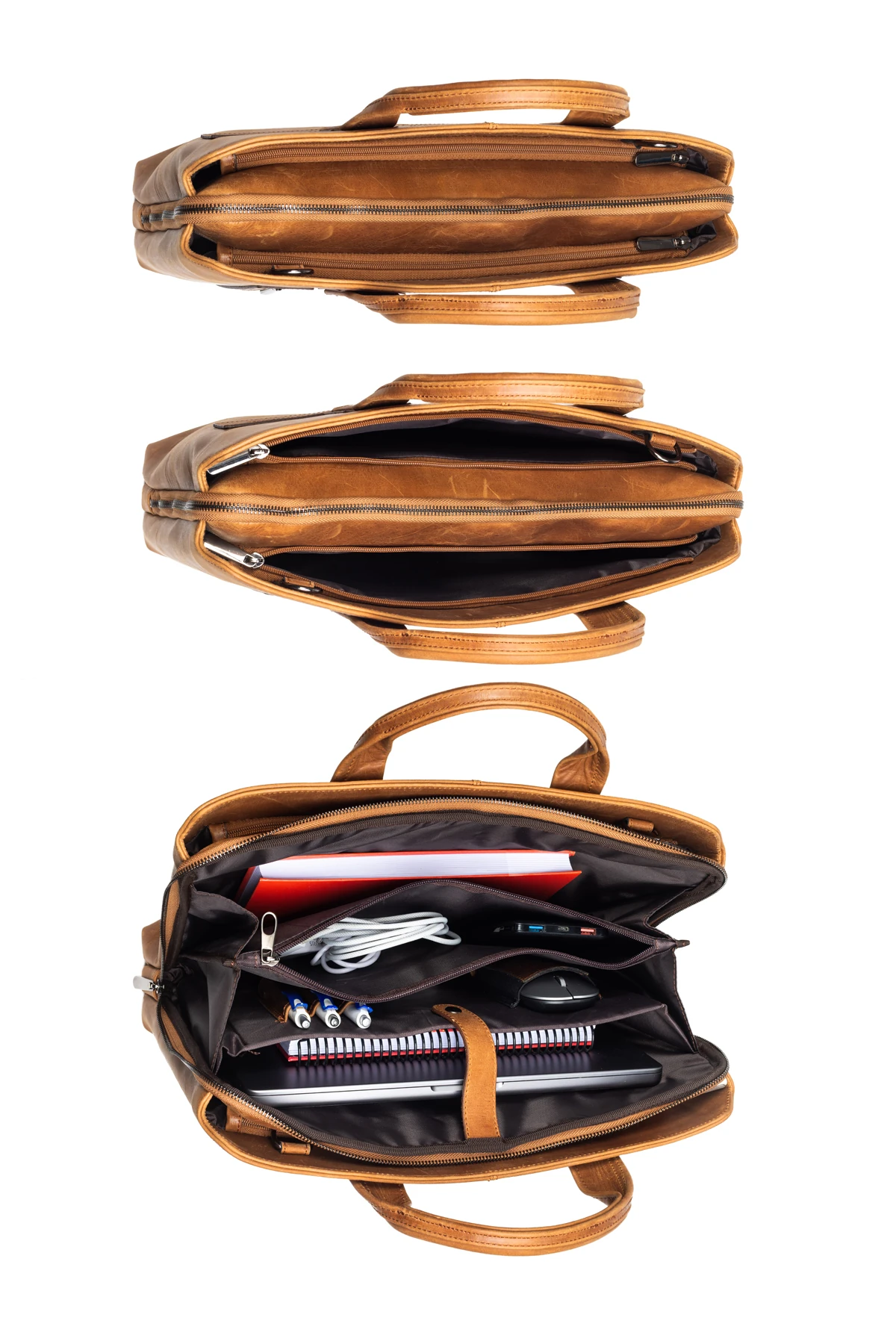 Mussen Grandora %100 Hakiki Deri 15.6 inç Laptop Evrak Çantası – 3 Bölmeli, Havuz Fermuarlı - Grandora Kahve Naturel