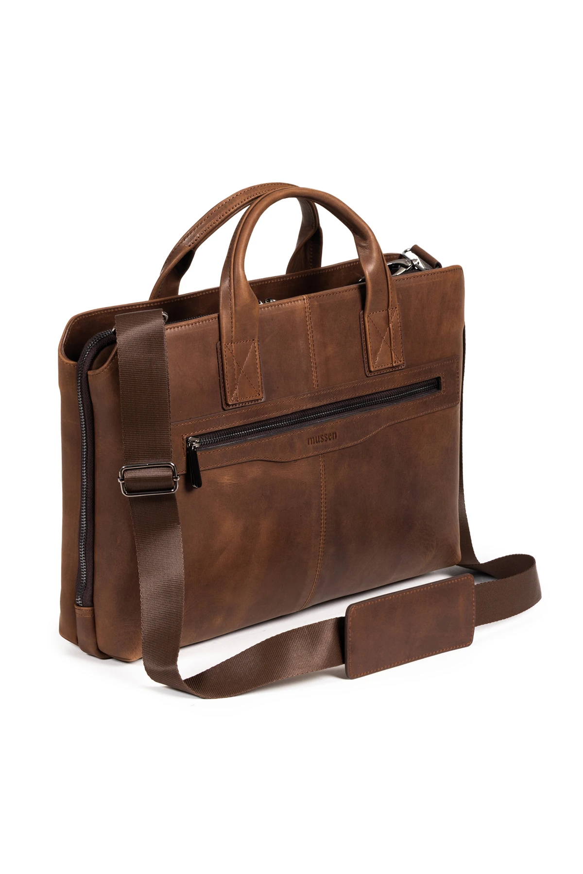 Mussen Grandora %100 Hakiki Deri 15.6 inç Laptop Evrak Çantası – 3 Bölmeli, Havuz Fermuarlı - Grandora Kahve Asfalt